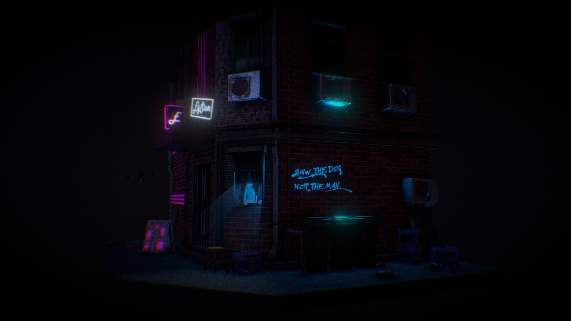 A small exterior Bar scene at night. A short 3 week environment assessment made using Maya, Substance Painter and Designer and Zbrush for the character model (Character model rig and animation from Mixamo).
This environment assessment may have been overscoped for a 3 week project, but i'm glad i finished it for now with some more experience on deadlines and scope 3d model