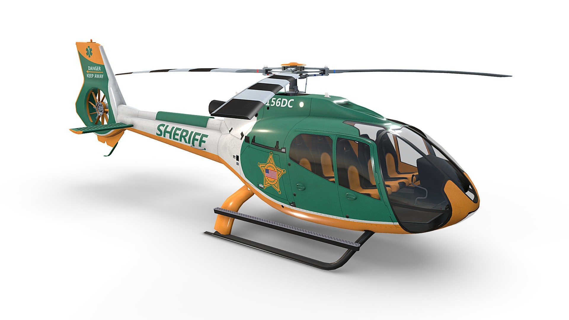 Sheriff Helicopter Airbus H130 Livery 5. Game ready, realtime optimized Airbus Helicopter H130 with high visual accuracy. Both PBR workflows ready native 4096 x 4096 px textures. Clean lowpoly mesh with 4 preconfigured level of details LOD0 19710 tris, LOD1 10462 tris, LOD2 7388 tris, LOD3 5990 tris. Properly placed rotors pivots for flawless rotations. Simple capsule built interior that fits perfectly the body. 100% human controlled triangulation. All parts 100% unwrapped non-overlapping. Made using blueprints in real world scale meters. Included are flawless files .max (native 3dsmax 2014), .fbx, and .obj. All LOD are exported seperately and together in each file format 3d model
