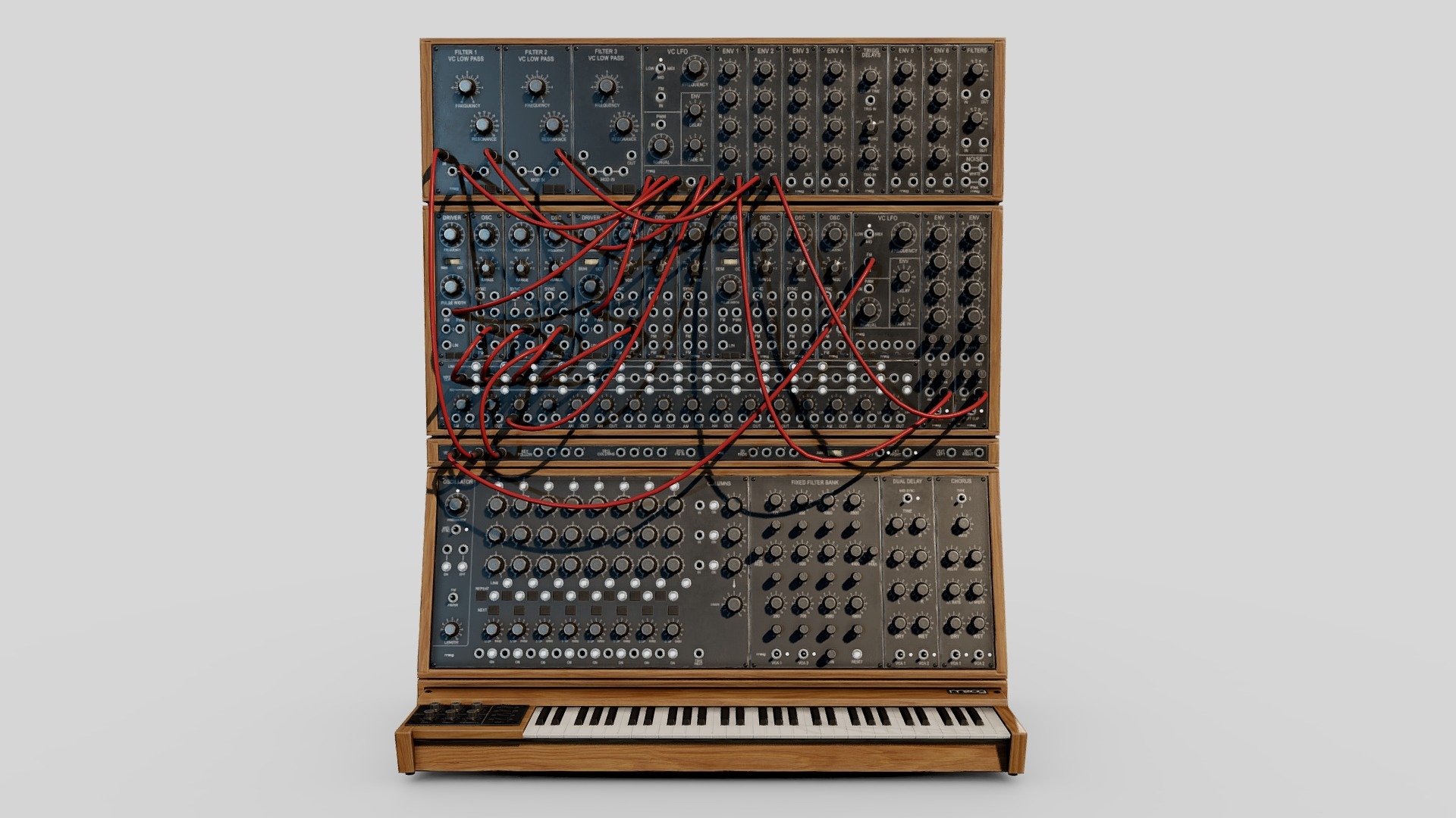 Renders and more info available on my artstation: https://www.artstation.com/artwork/LR55E0

I've been wanting to make a modular synth for a really long time and I finally had some free time to put this together. Spent a pretty wild amount of time making sure that every knob and icon were accurate. Very fun project, excited for the next!

If you'd like to download it, the textures and model are designed so that all the knobs and keys are movable. Thanks! - Moog System 55 - Download Free 3D model by Kendrick Russell (@Buce) 3d model
