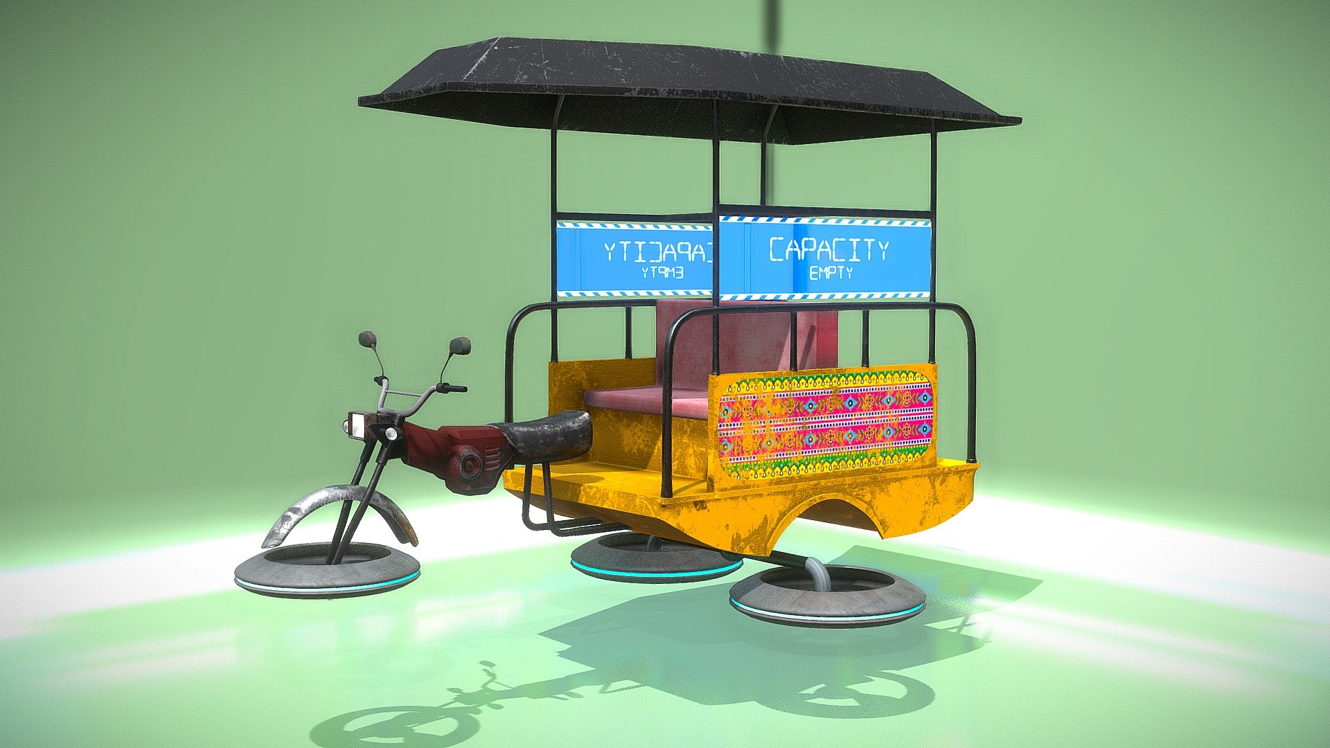 My Sci fi take on a qingqui/rickshaw that I built on top of a base reference by @Junaid_shakoor
https://sketchfab.com/3d-models/low-poly-qingqi-rickshaw-for-mobile-games-99a87f79f5bb45ab83d6379d98cf9838

Re-modeled and retextured the whole thing using Blender and Substance Painter 3d model
