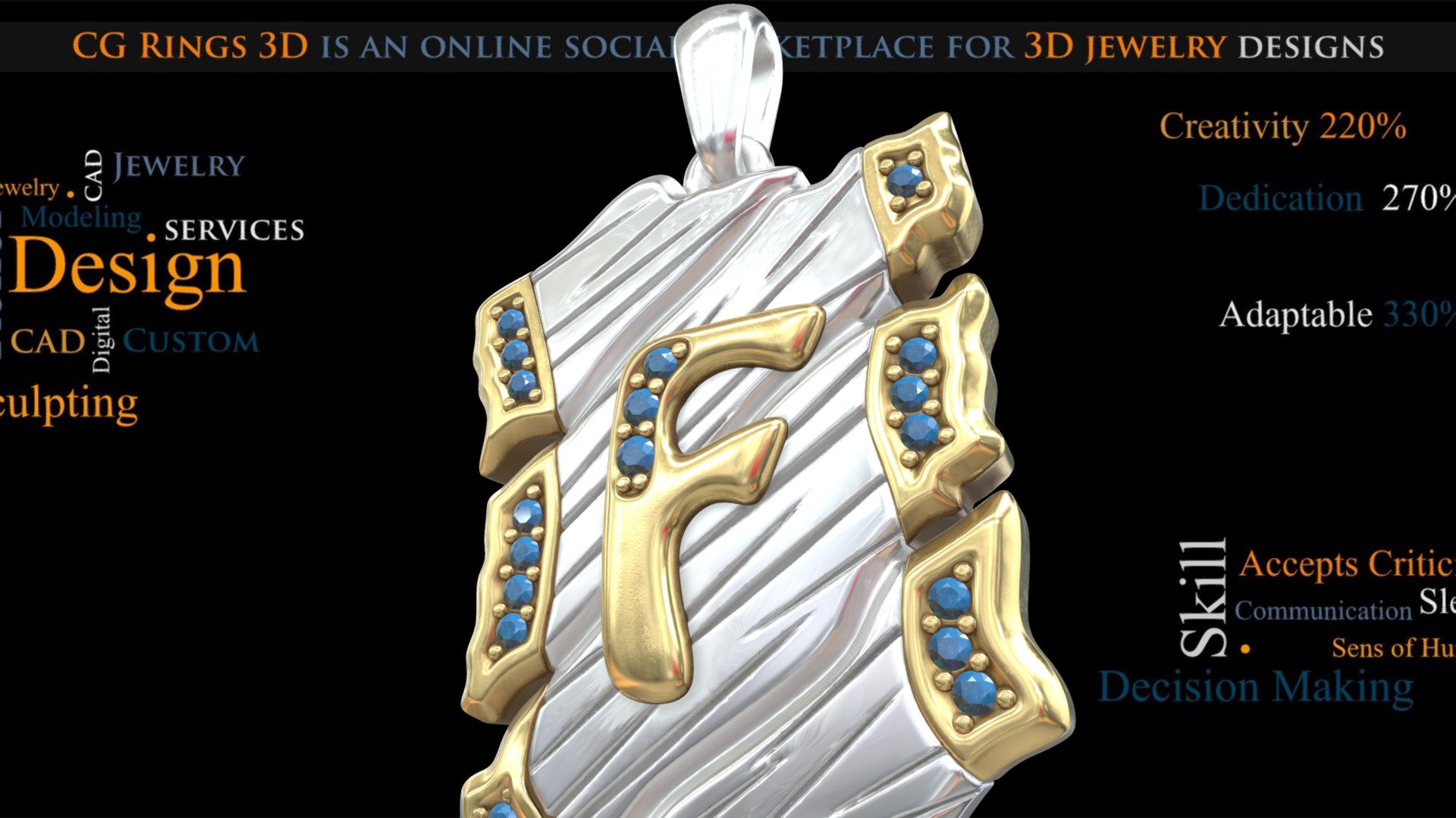 Jewelry made by 3D Designer Babut Florin Valentin

The 3D CAD model (3dm.Stl.Obj.) is ready for prototyping on any 3D printer.

Check out our website for more technical information !

https://cgrings3d.com/en/home/1209-pendant-with-letter-f-3d-cad.html

Please feel free to contact us at anytime. We would love to hear from you and will do our best to live up to your expectations!

e-mail: cgrings3d@gmail.com - Jewelry. Pendant With Letter F - 3D CAD - Buy Royalty Free 3D model by CGRings3D - Jewelry 3D CAD (@cgrings3d) 3d model