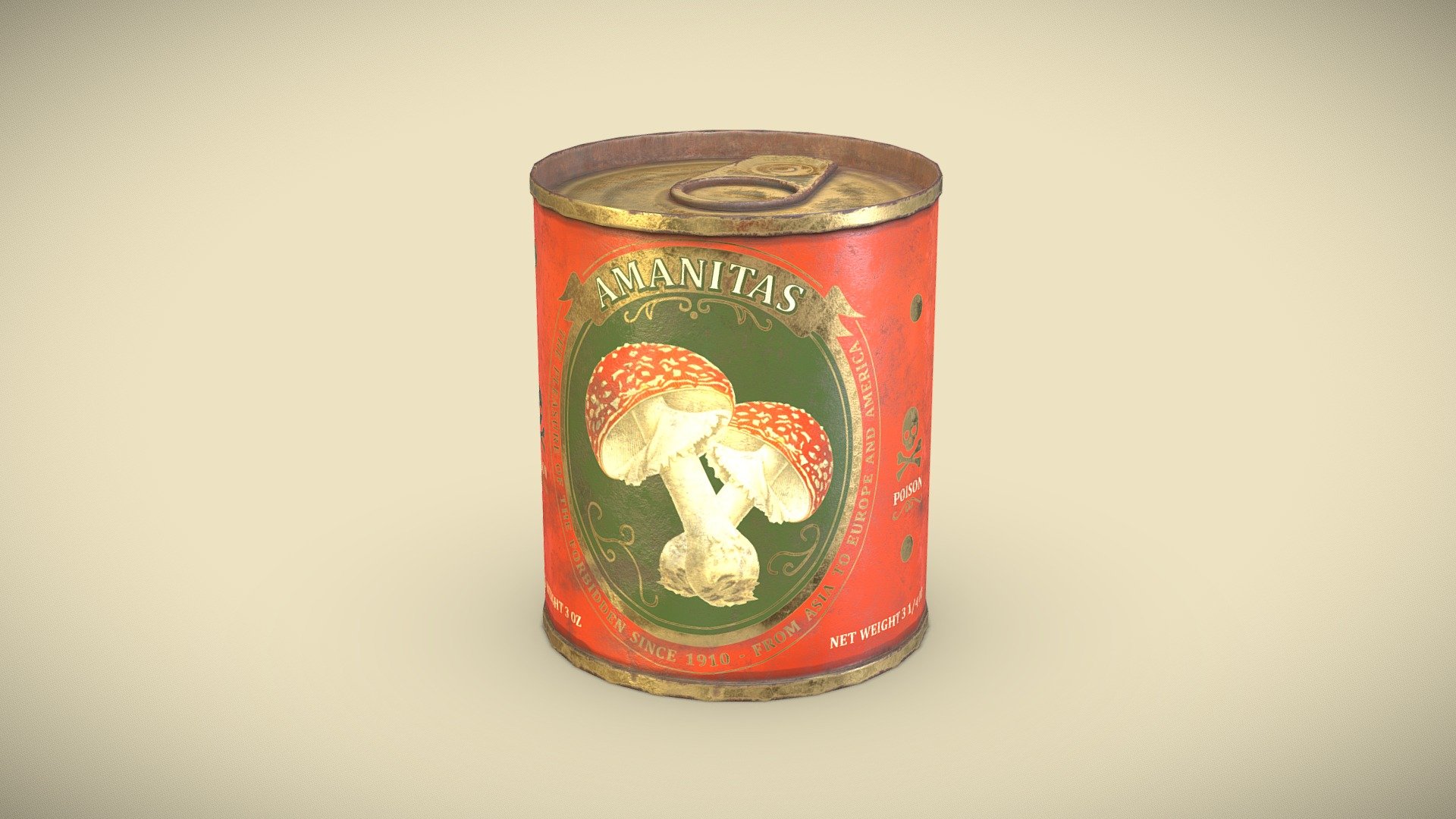 It is a secret but, do you know some people live longer with small doses of amanita? Doctors don't believe but between us people, who knows this secret, live more than 100 years old. Low poly worn out tin octopus can with 463 polys and PBR materials in 4096x4096 3d model