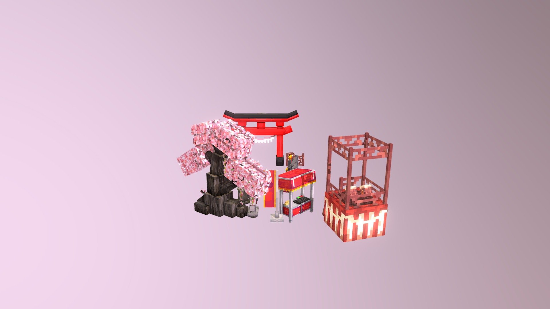 메갓-가면상, 노점상(두개), 현수막, 여우
보니-등불(두개), 울타리, 북, 단상
잡쵸-도리이, 벚나무, 석등

https://cafe.naver.com/minecraftgame/1868688 - Japanese festival - 3D model by Jabchyo 3d model