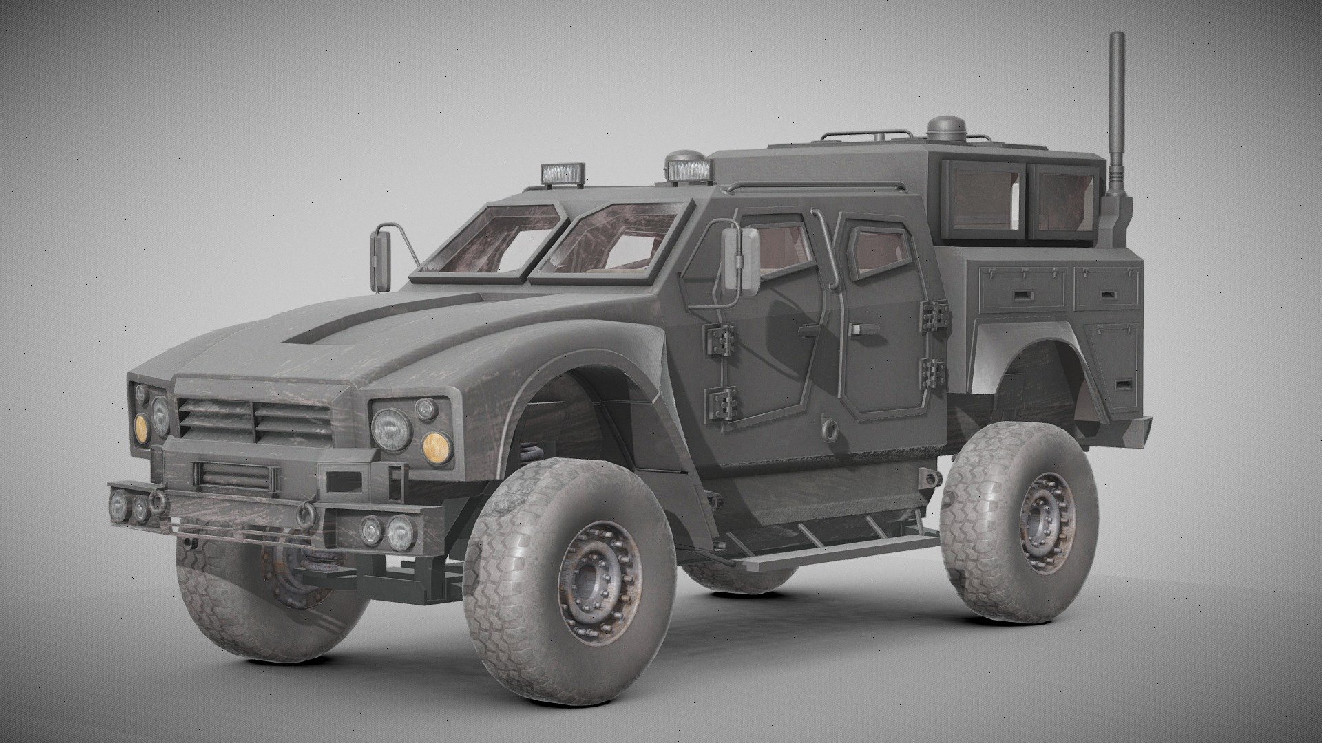 Mid poly model (48k triangles) of an armored police vehicle, modeled in Blender and textured in Substance Painter and Photoshop. 

Suitable for games. All textures are in 2048 resolution, except for the lights, which is 1024. The vehicle is based on Okshosh M-ATV. If you have any questions about anything, feel free to contact me - [Free] Armored Police Vehicle - Download Free 3D model by Roam_Man 3d model