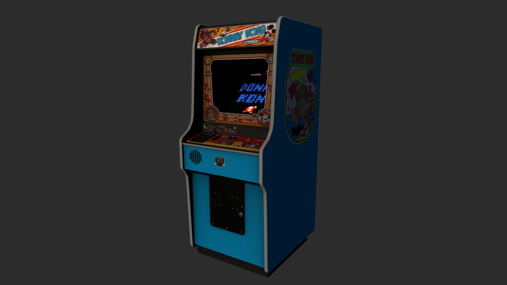 Model of the original Donkey Kong Arcade Cabinet the graphics were found through various Google sources and I do not claim to have created them in any way, only edited, colour changes ect. 

I have however textured everything else in both Photoshop and Substance Painter 3d model