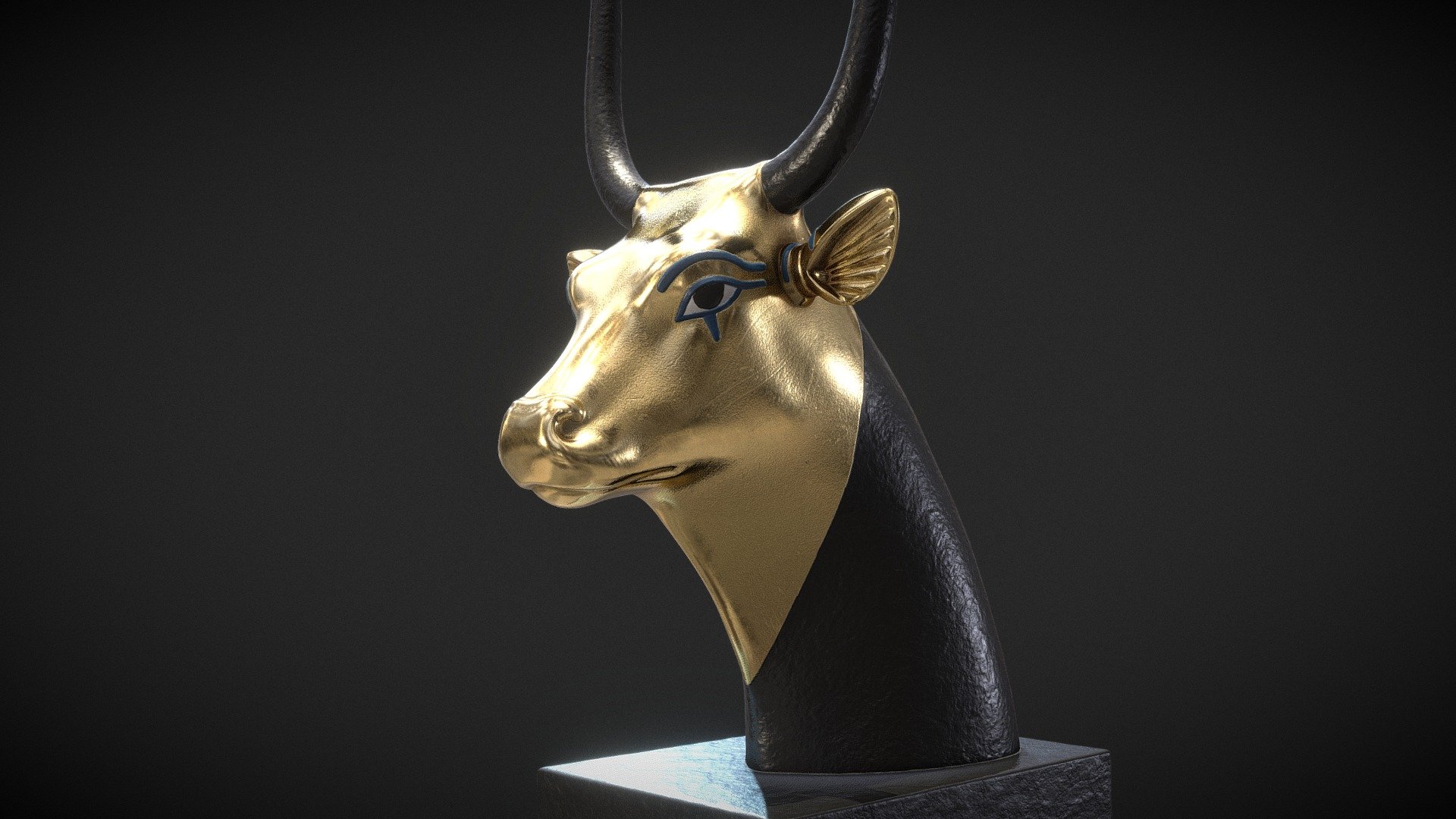 ** GILDED HEAD OF HATHOR - Egyptian Art from grave of Tutankhamun. This golden cow head represent the Goddess of the West, Hathor. The use of gold for the skin of the face represents the immortality of the Gods and Goddesses.

lowpoly
Let me know if you have any requests.

Enjoy! - Hathor Cow Head - Lowpoly - Buy Royalty Free 3D model by Omassyx 3d model