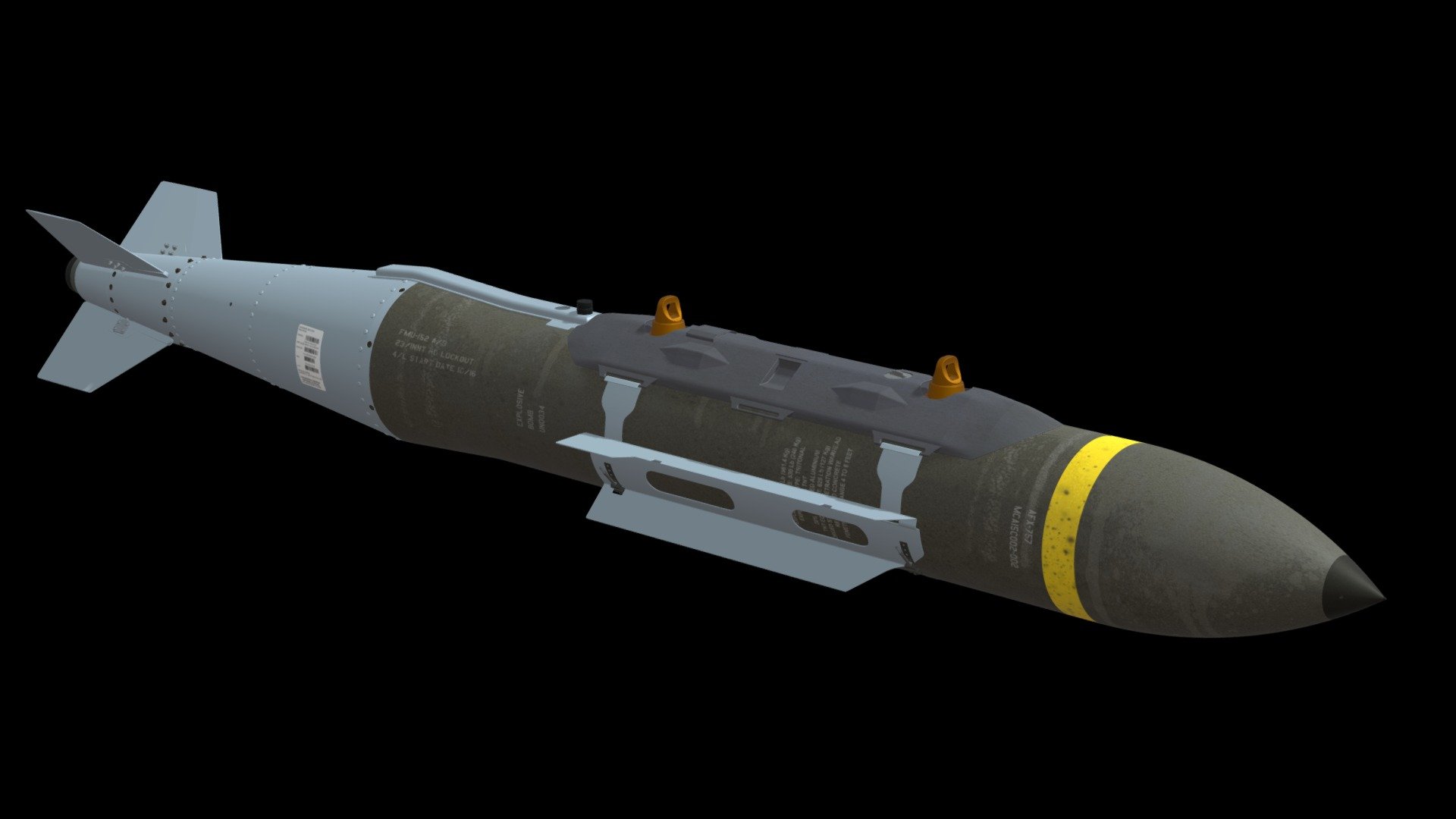 The designation GBU-31(V)/B was allocated to 2000 lb class JDAM bombs with guidance kits from Boeing. At least two different types of warhead can be used with the 2000 lb JDAM tailkits
•   MK 84: Standard 2000 lb LDGP (Low-Drag General Purpose) bomb
•   BLU-109: Instead of the MK 84.The BLU-109/B is a hardened penetration bomb with 2000 lb nominal weight.
it is intended to smash through concrete shelters and other hardened structures before exploding
There are four variants:
•   GBU-31 (V) 1/B MK 84 Bomb body
•   GBU-31 (V) 2/B MK 84 Bomb body with Navy thermal coating
•   GBU-31 (V) 3/B BLU-109 Bomb body
•   GBU-31 (V) 4/B BLU-109 Bomb body with Navy thermal coating
•   About the Models: Modeling was done in Autocad and imported into 3ds max
The model was built using information, photos and images from internet, therefore its geometry and details are not engineering correct or exact.
It is a personal artistic interpretation

It is a high poly model not suitable for games - GBU 31(V) 3/B JDAM - 3D model by Edgar Brito (@e.brito) 3d model