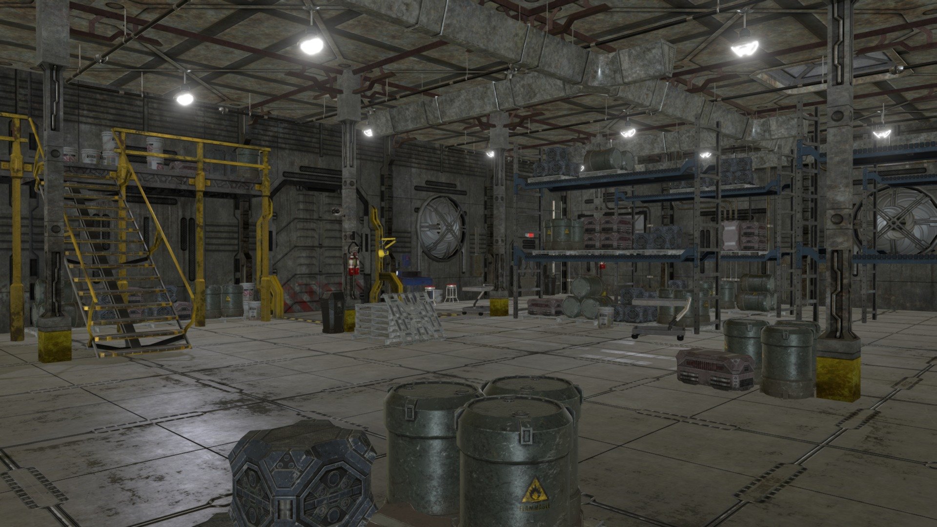 Here's a partial Sci-Fi warehouse scene.  These were assets that were created for a Sci-Fi warehouse pack 3d model