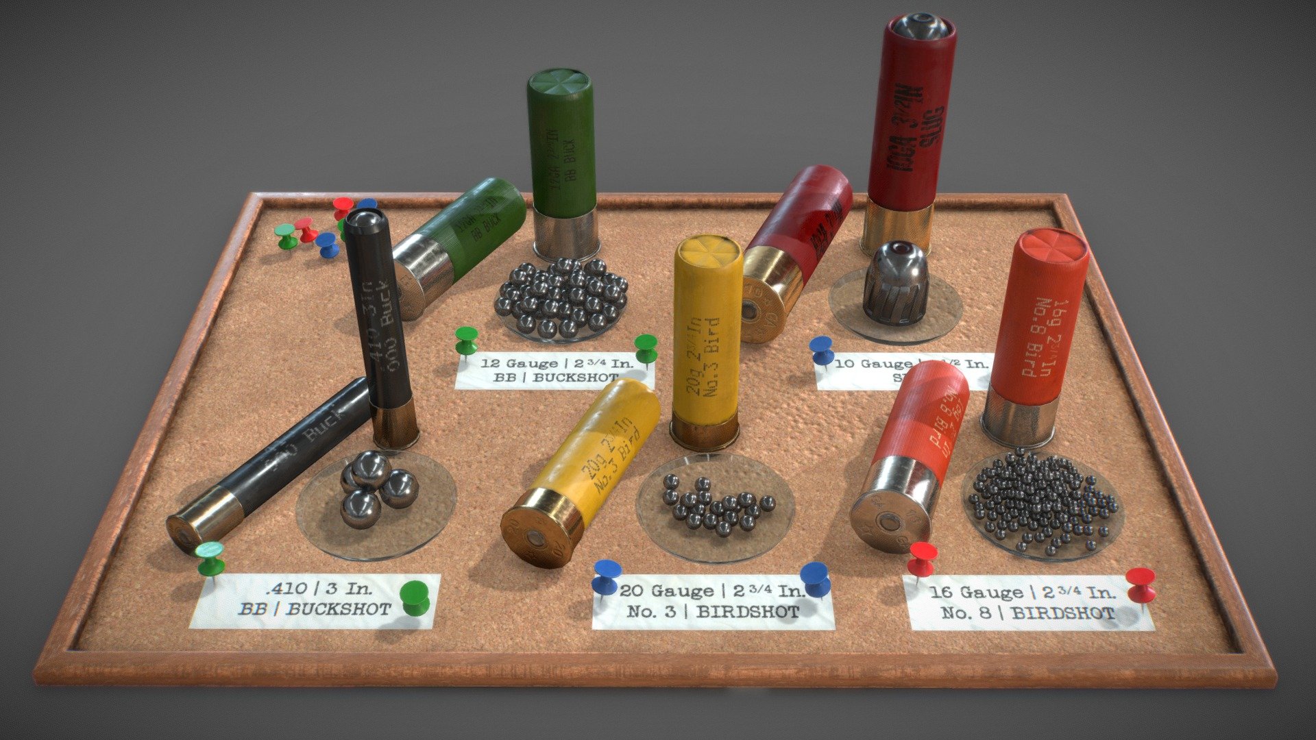 Game Art Asset Pack. Set of most popular shotgun shells. Everything is displayed on nice cork board.
Pack includes 2K &amp; 1K textures.:
2K: .410; 20 gauge; 16 gauge; 12 gauge; 10 gauge; board; pins; labels; slug
1K: pellets - Game Art: Shotgun Ammo Set - Buy Royalty Free 3D model by MarcinGArt (@marcin.gk) 3d model