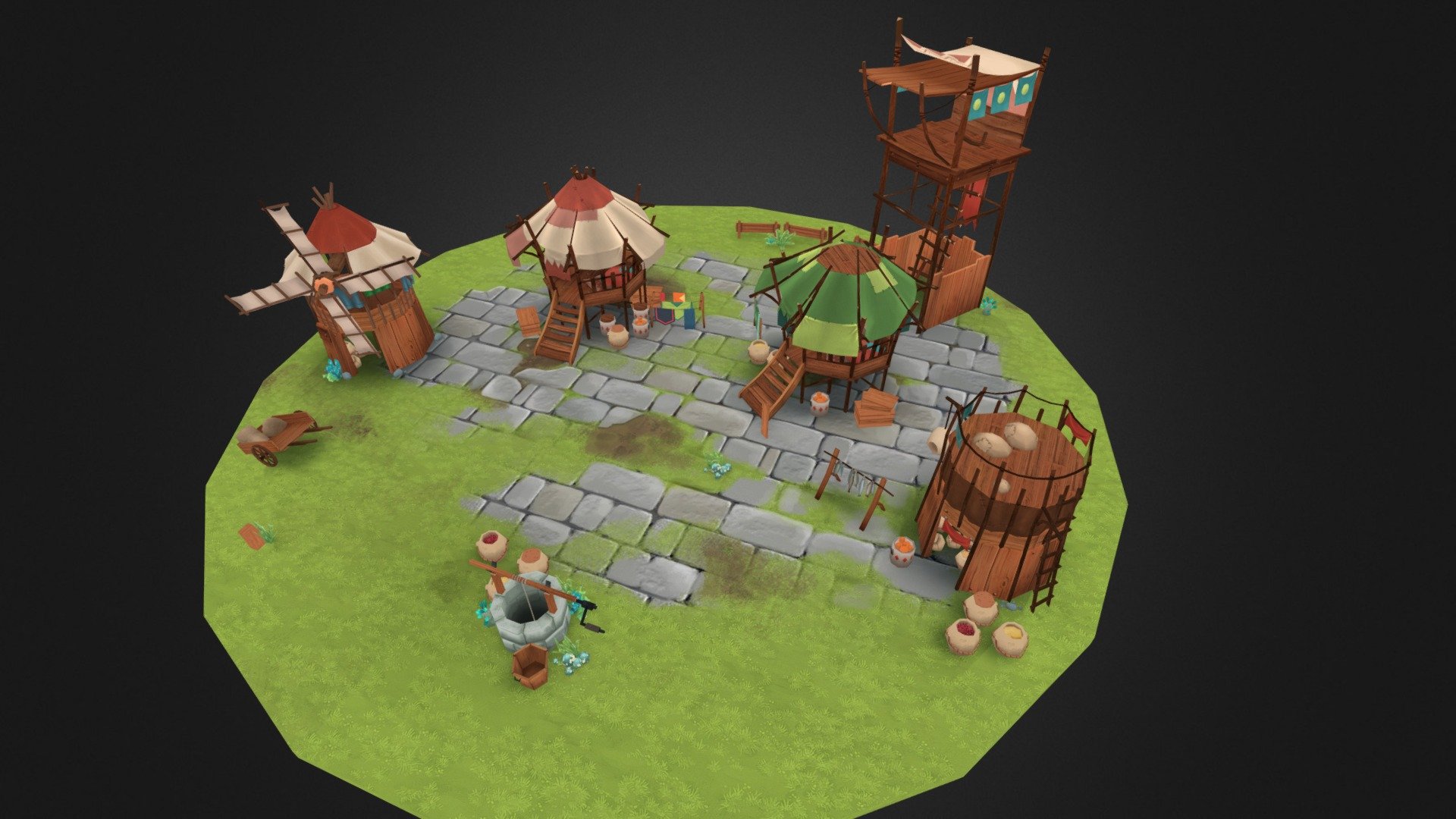 Constraints : low poly, with only a diffuse map (and less alpha possible).
Tools : 3DS max and Photoshop CS5

For Shiro Games - NPC's Village - 3D model by lucile.lacoste 3d model