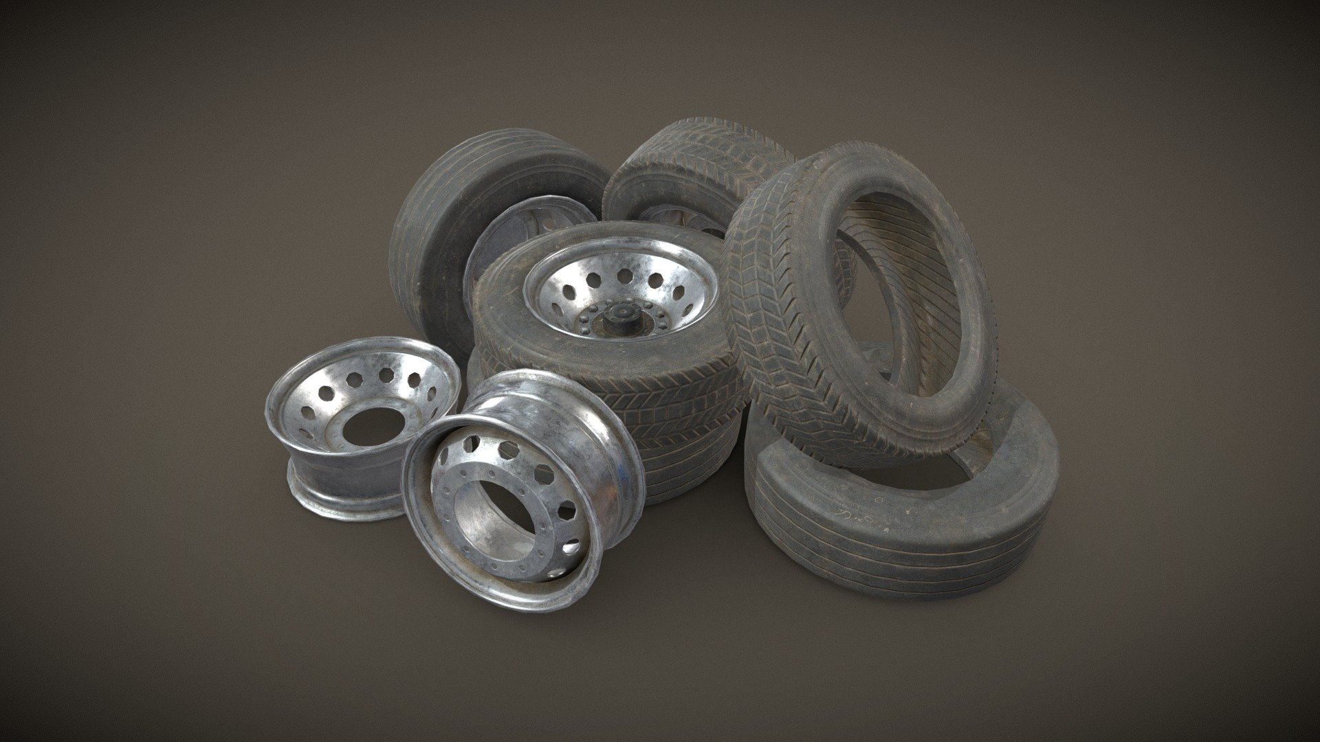 Game Ready models of truck Wheels, Rims and Tires:

2 versions of Low Poly models with clean and dirty PBR textures:




Real-world scale and centered.

The unit of measurement used for the model is centimeters

PBR material with 2k textures made in Substance Painter

All branding and labels are custom made.

Packed ORM textures included for Unreal.

Average texel density: 1166 px/m

File includes:




2 Models of truck wheels

2 Models of rims

2 Models of tires

2 Models of wheels with flat tires

Polys:




Rims: 960 / 936 (1824 / 1776 tris)

Tires: 552 / 600 (1080 / 1176 tris)

Total including both wheels:  3332 (6424 tris)

Provided Maps:




Albedo 

Normal

Roughness

Metalness

AO

Opacity included in Albedo 

Formats Incuded - MAX / BLEND / OBJ / FBX 

This model can be used for any game, film, personal project, etc. You may not resell or redistribute any content - Truck Wheels, Rims & Tires - Low Poly - Buy Royalty Free 3D model by MSWoodvine 3d model