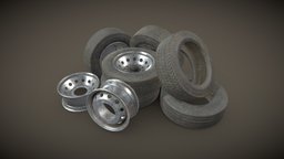 Truck Wheels, Rims & Tires wheel, rim, truck, tire, trailer, flat, prop, clean, tyre, dirty, metal, part, asset, vehicle, lowpoly, car, gameready, punctured