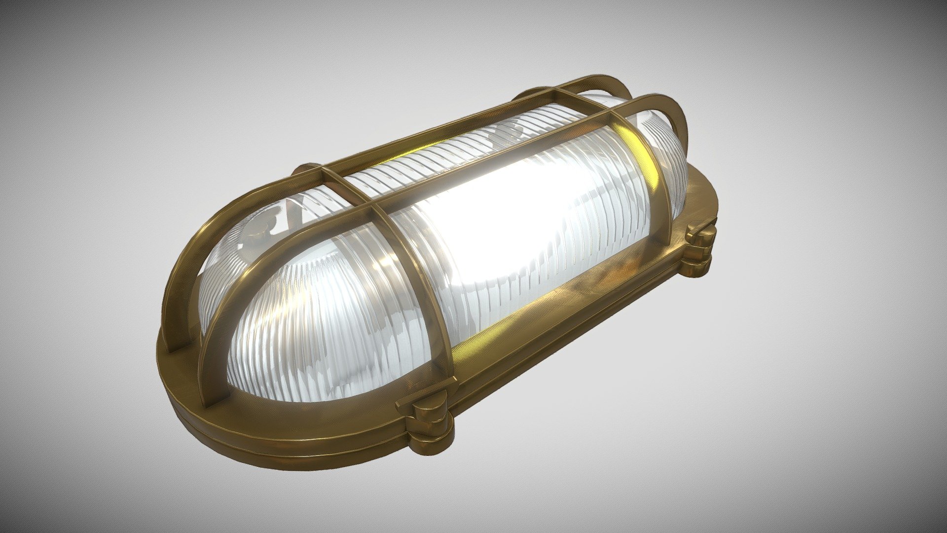 A realistic model of a brass bulkhead light, suitable for marine scenes. Super low-poly, with smudge textures. This bulkhead light model is made of brass with textures glass. Bulb inside light 3d model