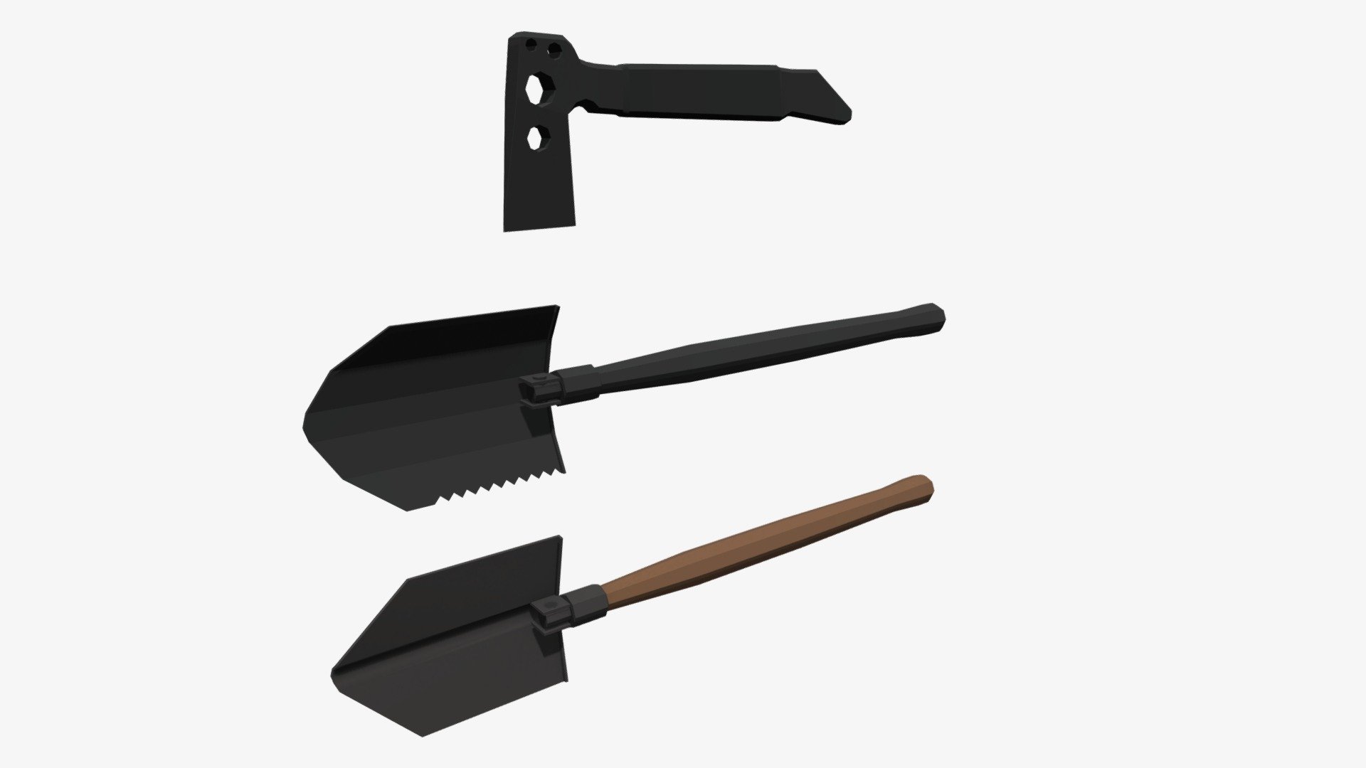 Models of a classic folding shovel, modern military entrenching tool and a combat axe or tomahawk 3d model