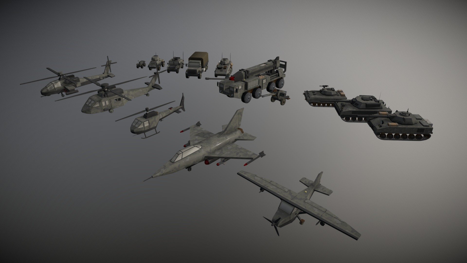 Military Vehicles pack (16 pieces) in low-poly styles game-ready.
All the presented models consist of 41k triangles (1 model from 1.2k to 5k) +1 Albedo atlas 512x512 with a texel density of 0.3 pixels/cm.

4 light-medium ground vehicles;
3 helicopters;
3 tanks;
2 anti-aircraft weapons, 1 launch vehicle;
1 aircraft, 1 jet fighter;
1 ATV 3d model