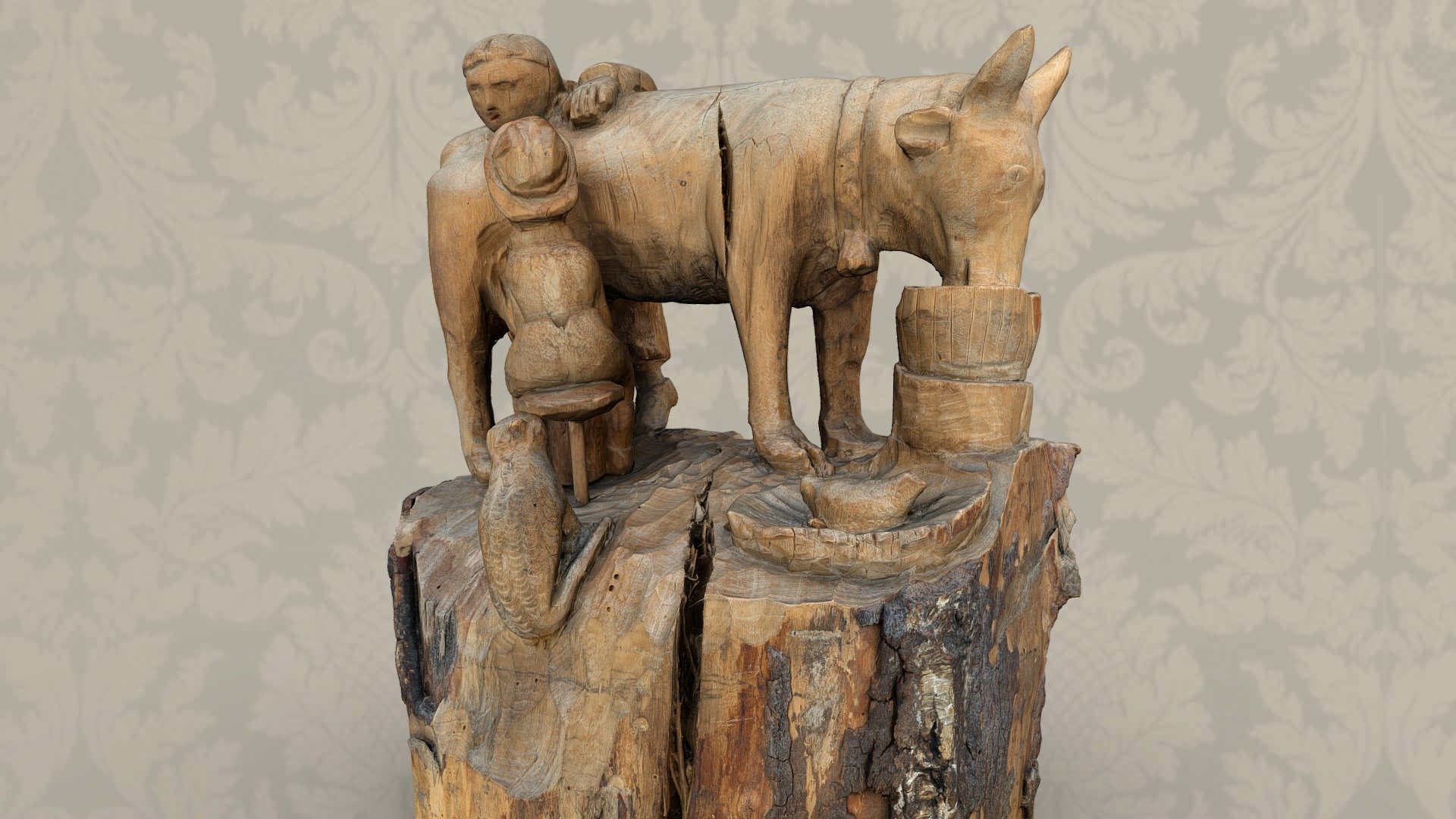 Milking scene. Carving group from a piece of beech trunk. The milker sits on a one-legged stool by the cow, the priest bends over the cow's back and holds the cow. Behind the milker a cat, on the lower side of the trunk the dairyman with hunchback basket climbs the ladder 3d model