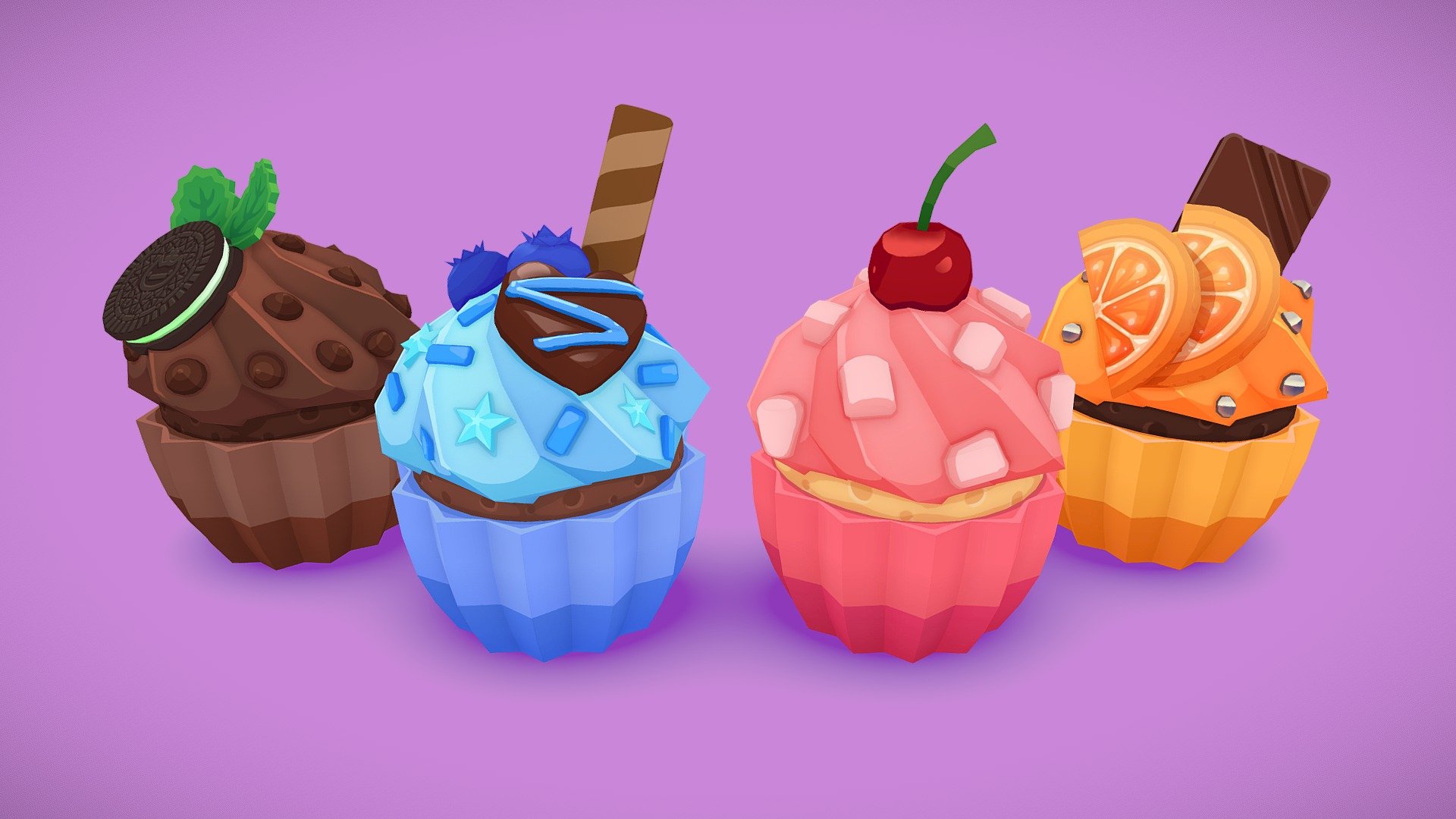 I've started learning Blender and this was a good starting set of models to make! For some reason I keep gravitating towards making colourful food models.... I might be hungry 😅

Heavily inspired by https://www.artstation.com/artwork/YaYKNY by Ebru Gumustas (especially the base cupcake and texturing style), but all of the cupcakes are my own design and modelled from scratch in Blender. Textured in Substance Painter 3d model