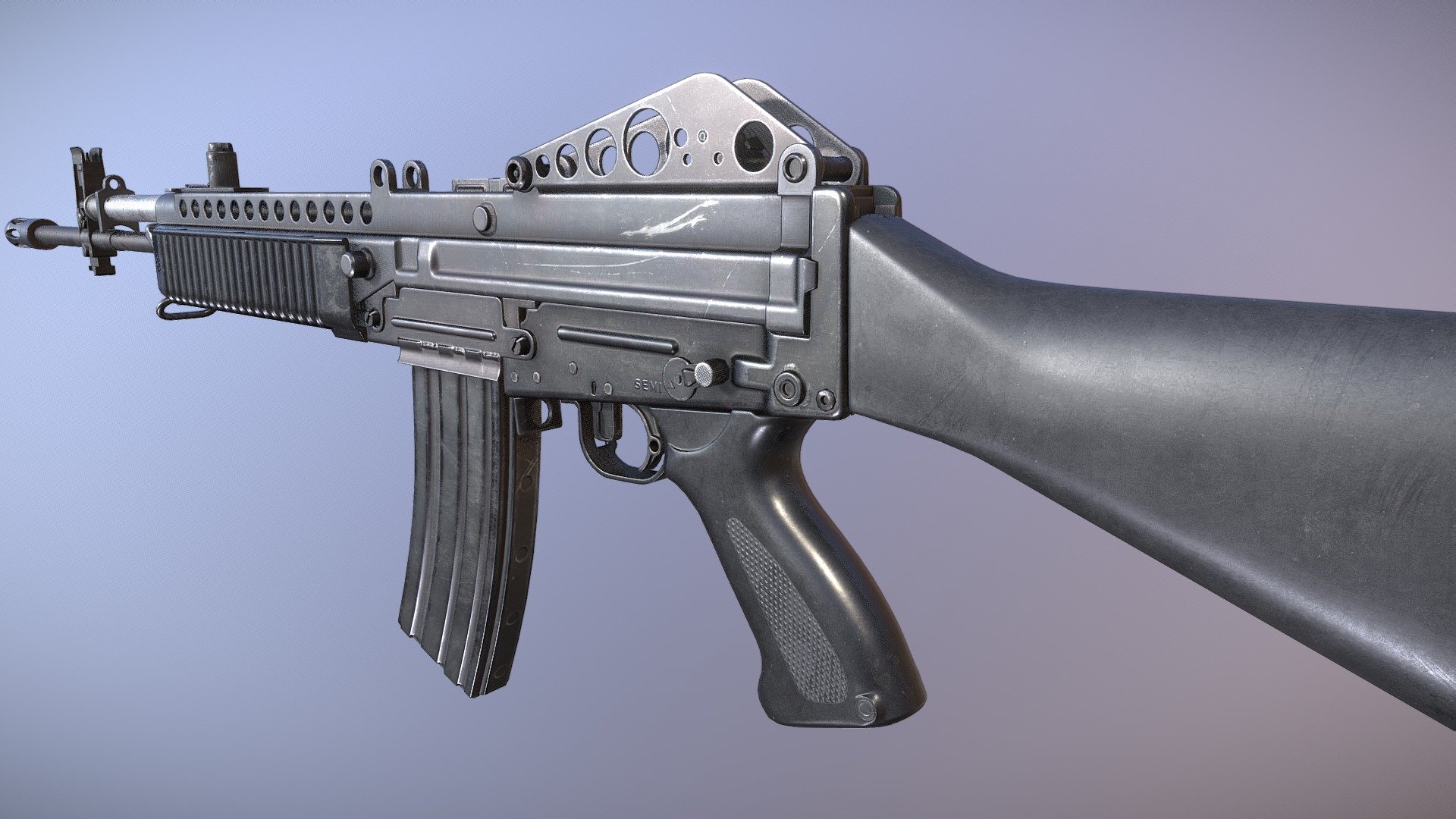 Stoner 63A Rifle designed for PBR engines.

Originally modeled in 3ds Max 2019. Download includes .max, .fbx, .obj, metal/roughness PBR textures, specular/gloss PBR textures, textures for Unity and Unreal Engines, and additional texture maps such as curvature, AO, and color ID.

Specs

Model ready for animation. Movable objects include: bolt carrier, magazine, magazine release, fire selector, and trigger.

Approximate dimensions (bayonet attached): 102cm x 5cm x 20cm

Model is triangulated, no n-gons. Quaded version of the model included in the download.

Textures

2 Materials: 4096x4096 PBR set for the gun , 512x512 textures for the 5.56 cartridge

Unity Engine 5 Textures: AlbedoTransparency, MetallicSmoothness, Normal, Occlusion

Unreal Engine 4 Textures: BaseColor, Normal, RoughnessMetallicAO, Opacity - Stoner 63A Rifle - 3D model by Luchador (@Luchador90) 3d model