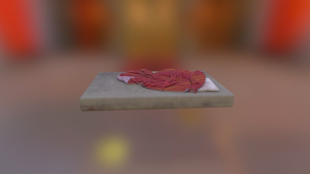 A mattress of a cultist, an asset from a project I'm currently working on.

The bed belongs to a worshipper of an almost Lovecraftian deity. The person who owned the bed has fallen from material wealth, sleeping on a dirty matress on the floor, with only a silk covered duvey showing signs of their previous wealth 3d model
