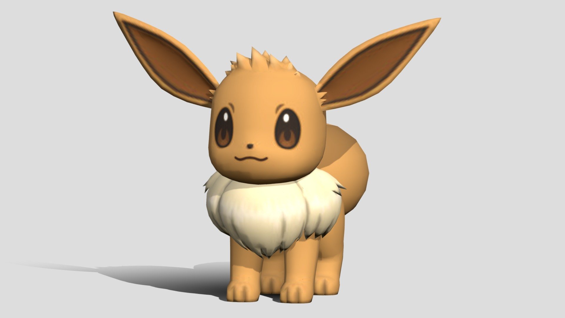 Eevee is a small, mammalian, quadrupedal Pokémon with primarily brown fur. The tip of its bushy tail and its large furry collar are cream-colored. It has short, slender legs with three small toes and a pink paw pad on each foot. Eevee has brown eyes, long pointed ears with dark brown interiors, and a small black nose.

In Pokémon: Let's Go, Eevee!, the player starts with a special Eevee known as the partner Eevee. The partner Eevee has purple eyes and a lighter shade of fur. These design elements were likely taken from the anime, which implemented similar traits starting in Pokémon the Series: Ruby and Sapphire. The partner Eevee has higher base stats and access to moves that normal Eevee do not. The marking on the tip of a female partner Eevee's tail is flower-shaped. Before Pokémon Sword and Shield, this trait was unique and wasn't found on other female Eevee 3d model