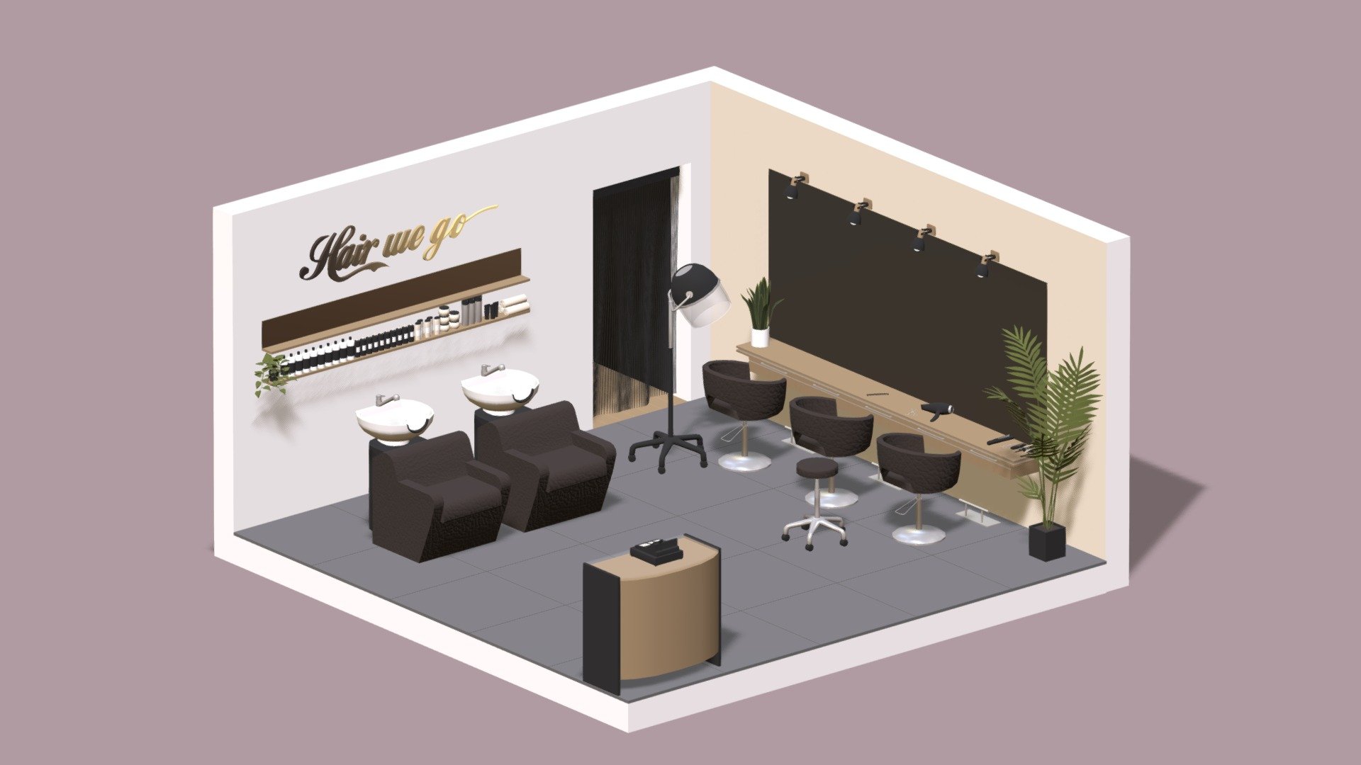 Hello everyone !

I am pleased to present this hair salon that will blend into any decor of this style ! You can integrate this 3d model into all your games or animations and create a unique decor of which only you have the secret ! This pack contains:

Stool
Chair
Armchair
Sink
Shampoo bottle (hair spray, hair mask&hellip; etc)
Plants
Mirror
Hair dryer
Scissors
Electrical trimmer
Brushs
Combs
Hair iron
Hooded dryer
Spot lamp
Cash register
Counter
Curtain
In fact, everything you see in the images above. Let yourself be carried away by your imagination ! Enjoy !

Made in blender - Hair salon - Buy Royalty Free 3D model by ApprenticeRaccoon 3d model