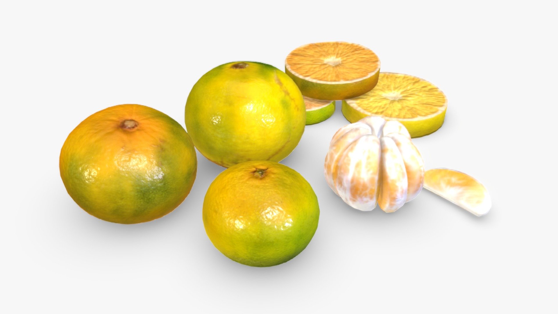 Check out my website for more products and better deals! &amp;gt;&amp;gt; SM5 by Heledahn &amp;lt;&amp;lt;


This is a digital 3d model of three green mikan fruits, scanned and retopologized from real Japanese citrus. The resulting models have an excellent quality and detail, while maintaining a very small poly count.

The product includes segments and slices also scanned, textured, and clean of topology.

The textures are interchangeable, allowing for a great number of variations!

**PLEASE NOTE: ** This model is subdivided for aesthetic purposes. The mesh can be safely unsubdiveded for a lower poly-count.

(TIF DISPLACEMENT MAP TEXTURES ONLY FOR SALE IN MY WEBSITE 🔼)

This product will achieve realistic results in your rendering projects and animations, being greatly suited for close-ups due to their high quality topology and PBR shading 3d model