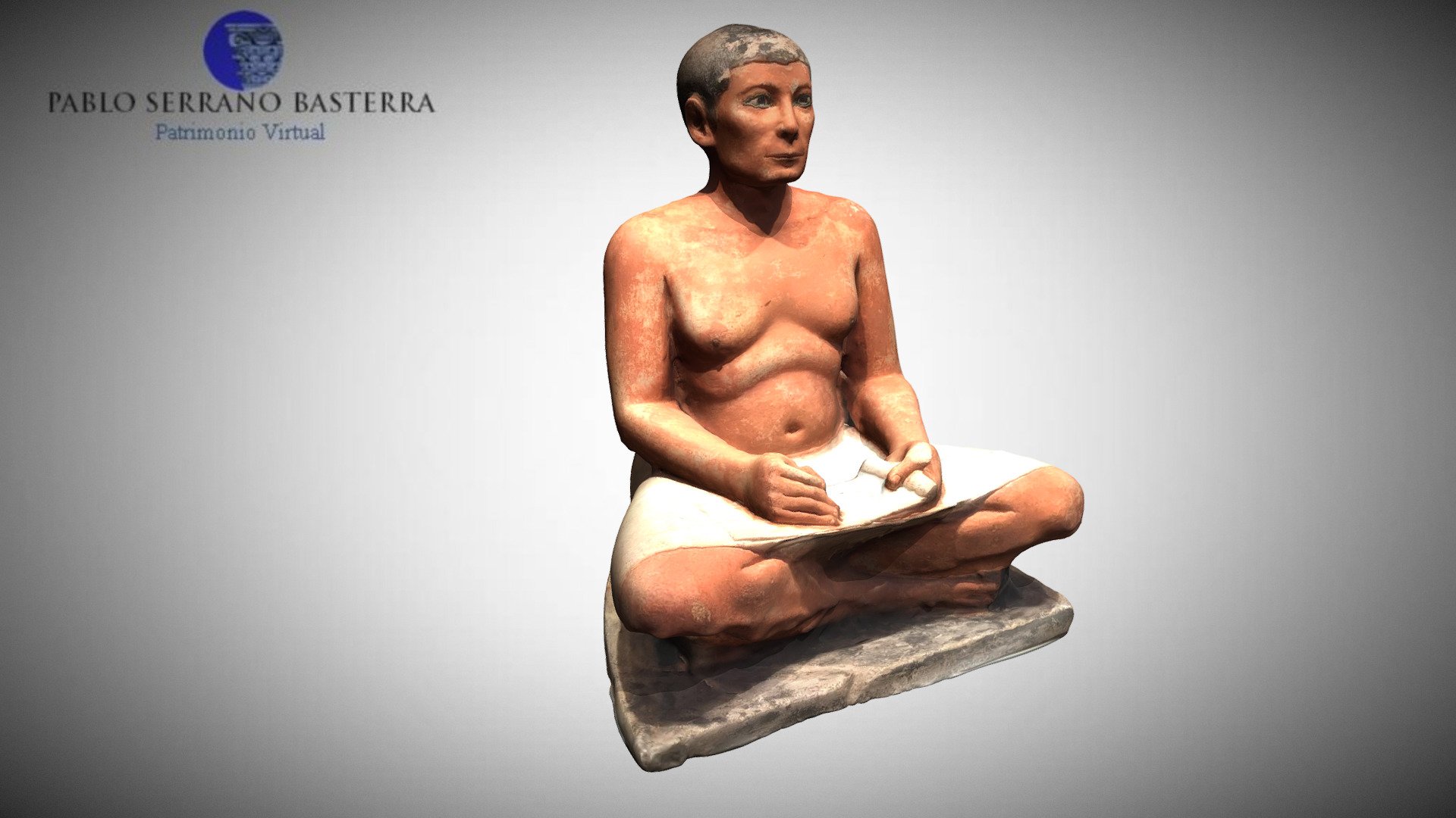 Simple scan of the famous statue representing a scribe at work discovered at Saqqara. It is a painted limestone statue, the eyes inlaid with rock crystal, magnesite (magnesium carbonate), copper-arsenic alloy, and nipples made of wood. Dated at the 5th-4th Dinasty,  2620–2500 BCE.
Dimensions: Height: 53.7 cm; width: 44 cm; depth: 35 cm.
Simple scan, 57,090 faces 3d model