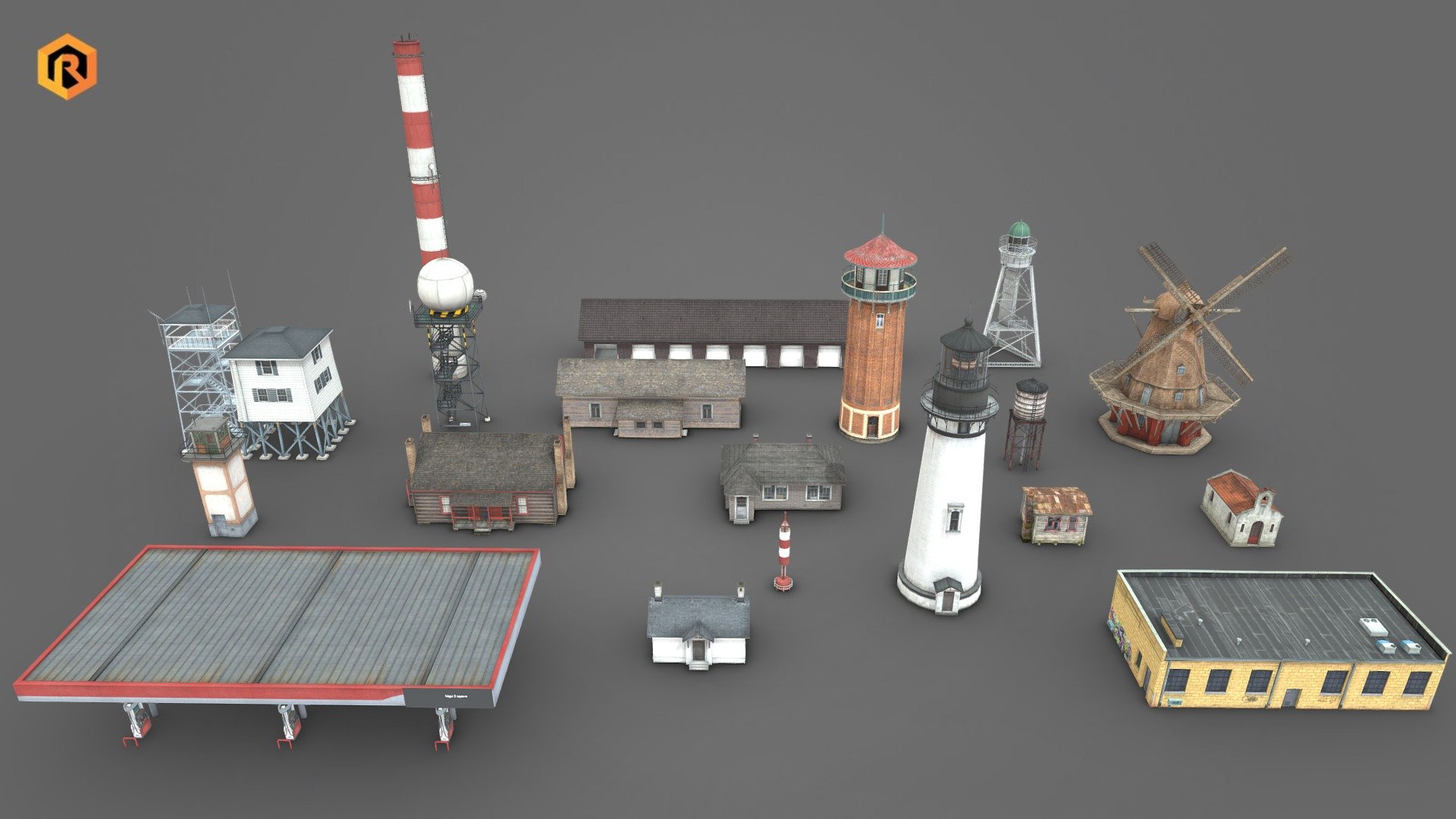 The collection contains 19 low-poly 3d models of various types of buildings and structures.

There are some towers, windmill, residential and some industrial buildings in this package. 

These models are best for use in games and other VR / AR, real-time applications such as Unity or Unreal Engine. 

Technical details:




The whole collection contains about 30k tris.

Mostly 2048 up to 4096 Diffuse and AO textures per model.

Models are correctly divided into parts when needed.

Models are completely unwrapped.

Models are fully textured with all materials applied.

Lot of additional file formats included (Blender, Unity, Maya etc.)

More file formats are available in additional zip file on product page.

Please feel free to contact me if you have any questions or need any support for this asset.

Support e-mail: support@rescue3d.com - 19 Buildings & Structures Collection - Vol 1 - Buy Royalty Free 3D model by Rescue3D Assets (@rescue3d) 3d model