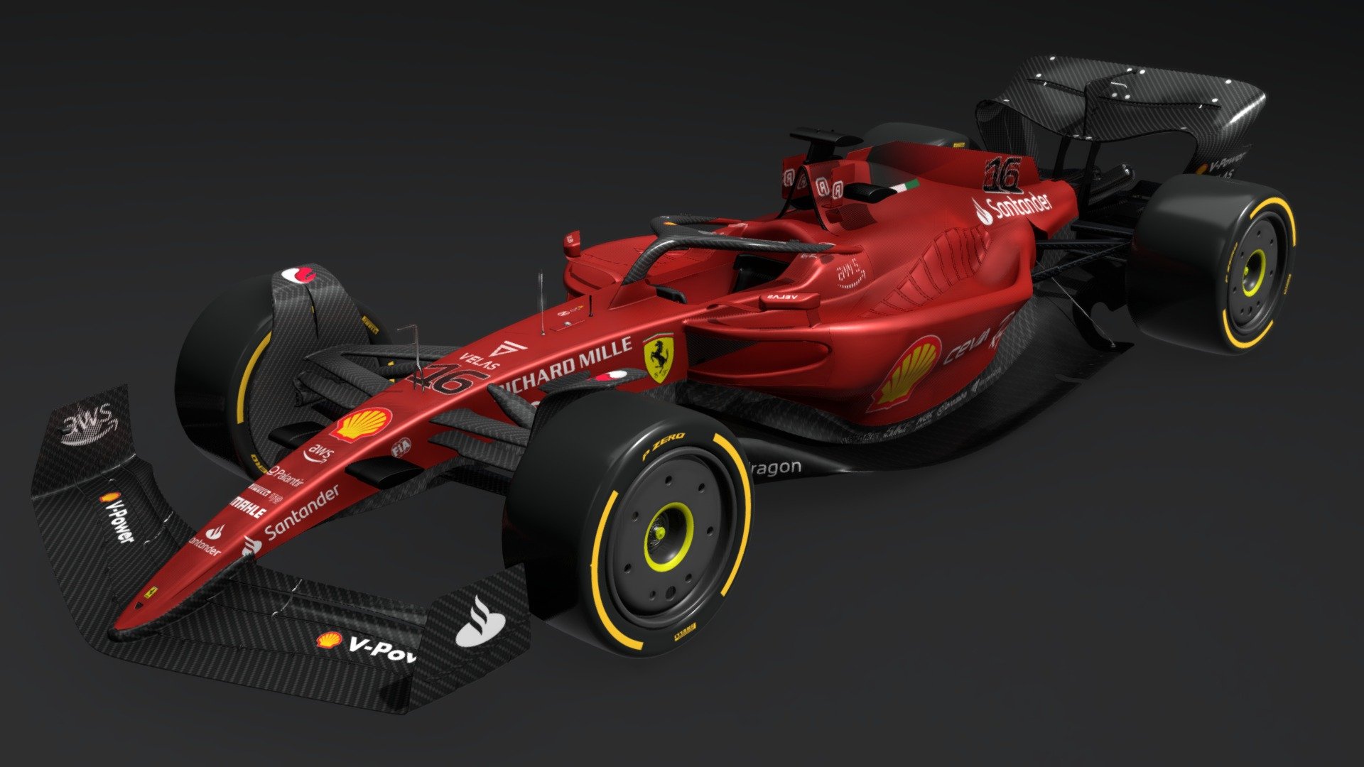High fidelity 3D model of the ferrari F1-75 2022 with  removable tires and wheels.
The model, created on Solidworks and subsequently imported on Blender for the part of materials and textures, represents the current car with a high degree of fidelity in details and dimensions 3d model
