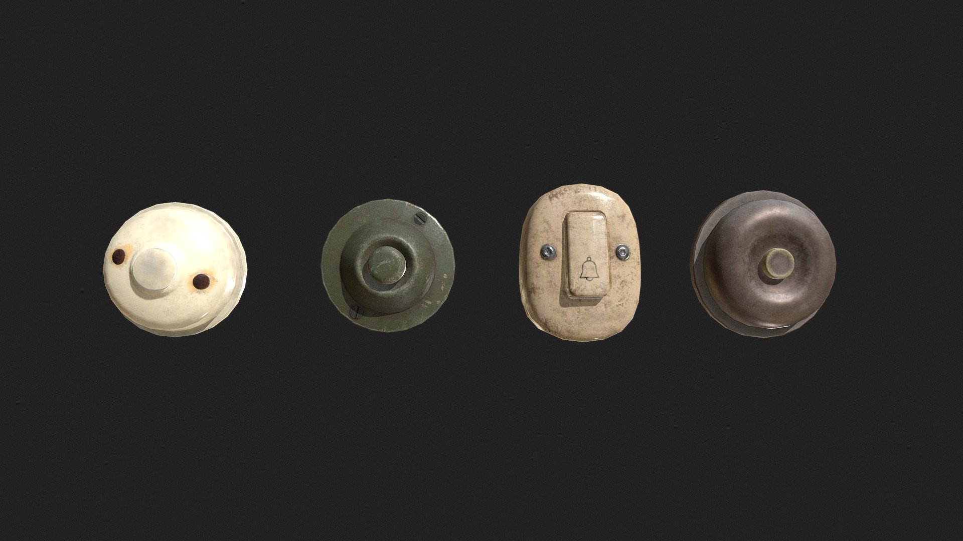 A pack containing 4 door bells.

2048x2048 texture packs (PBR Metal Rough, Unity HDRP, Unity Standard Metallic and UE4):

PBR Metal Rough: BaseColor, AO, Height, Normal, Roughness and Metallic;

Unity HDRP: BaseColor, MaskMap, Normal;

Unity Standard Metallic: AlbedoTransparency, MetallicSmoothness, Normal;

Unreal Engine 4: BaseColor, Normal, OcclusionRoughnessMetallic;

The package also has the .fbx, .obj, .stl, .dae and .blend file 3d model
