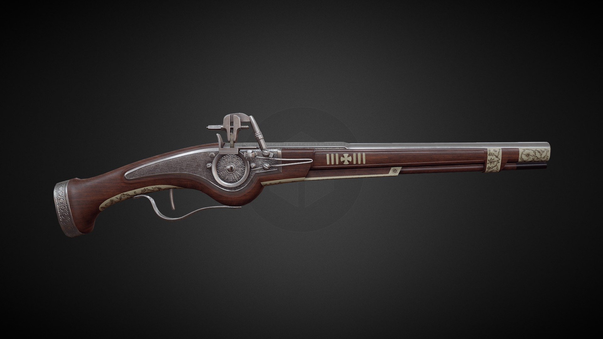Decorated, long-barreled Wheellock Pistol used by cavalry during the 17th century.

Skeletal Low-poly, PBR. Includes High-poly files, animation.

Another version of this model: https://sketchfab.com/3d-models/17th-century-wheellock-pistol-fb4377c22133436a81f60764485b63bc

Collection of my historical models: https://sketchfab.com/avatrass/collections/historical-item-models - 17th century Wheellock Pistol [Animated] - Buy Royalty Free 3D model by avatrass 3d model