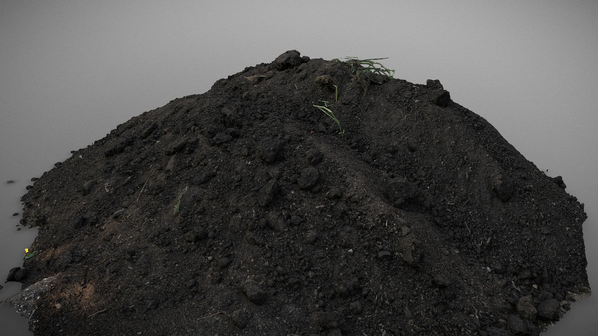 Pile of dark brown construction gardening soil mud land earth dirt heap pile mound, freshly dug, with some plants grass weed leftovers and rock stones gravel

Photogrammetry scan 160x24MP, 2x16K texture + HD Normals - Soil heap with plants - Buy Royalty Free 3D model by matousekfoto 3d model