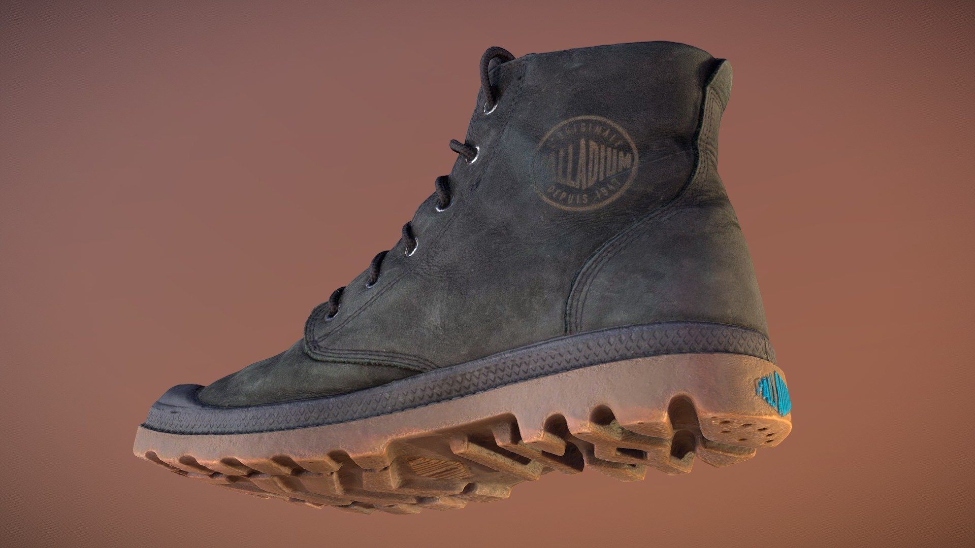 Palladium Boot, 3D scanned with a turntable, lots of polarized lights, and a single A7R (404 photos). Made an animated material breakdown on my Instagram: https://www.instagram.com/p/Bv2A5TSnO3_

Cleanup and retopology to quads in ZBrush. PBR workflow in Photoshop to create specularity, roughness, and metal maps.

High polygon (~920K poly) version of model and textures is included.

Full textures are 8K x 8K and low poly textures are at 2K x 2K 3d model