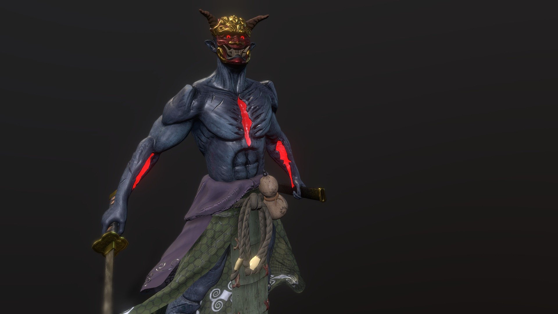 Here is a remake of an old model I made back in 2019. The character is an Oni character with a basic weapon. Rigged and is game ready. The sword and sheath arent weight painted, only parented to their control bones 3d model