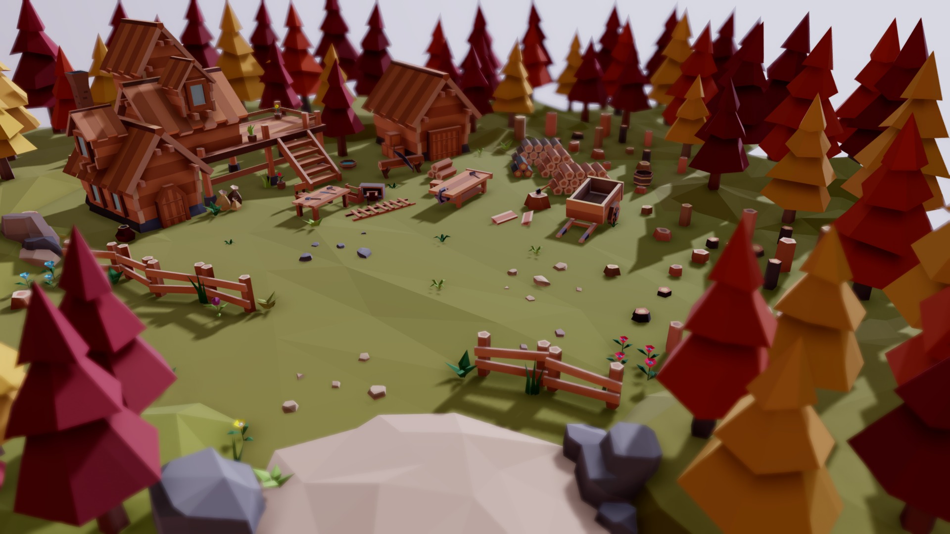 Tarbo - Fantasy Village
A low poly asset pack of Fantasy themed polygonal style game.
Modular parts are easy to piece together in a variety of combinations.
This product is designed to TopDown, RPG, Adventure, RTS.
You can create beautiful, diverse villages of your own.


Download

FEATURES



485 Useful prefabs

3 Color themes (6 colors with snow version) + 1 autumn version

57 Modular building parts

37 Premade buildings

26 Grounds

216 Props

149 Environment objects

11 Scenes in Various Styles

Lightmap Support

Simple polygonal style

Optimized meshes useful for mobile, AR, VR, PC

Works in Unity 2019.4 and above

Support Universal Render Pipeline (URP)


UPDATES &amp; NEWS



WEBSITE
 - Fantasy Village "Lumbermill Autumn" - 3D model by Tarbo Studios (@tarboStudios) 3d model
