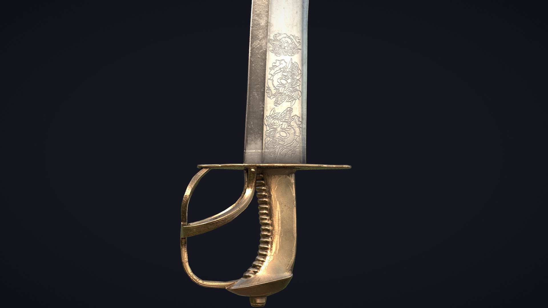 A cutlass is a short, broad sabre or slashing sword, with a straight or slightly curved blade sharpened on the cutting edge, and a hilt often featuring a solid cupped or basket-shaped guard. It was a common naval weapon during the Age of Sail 3d model