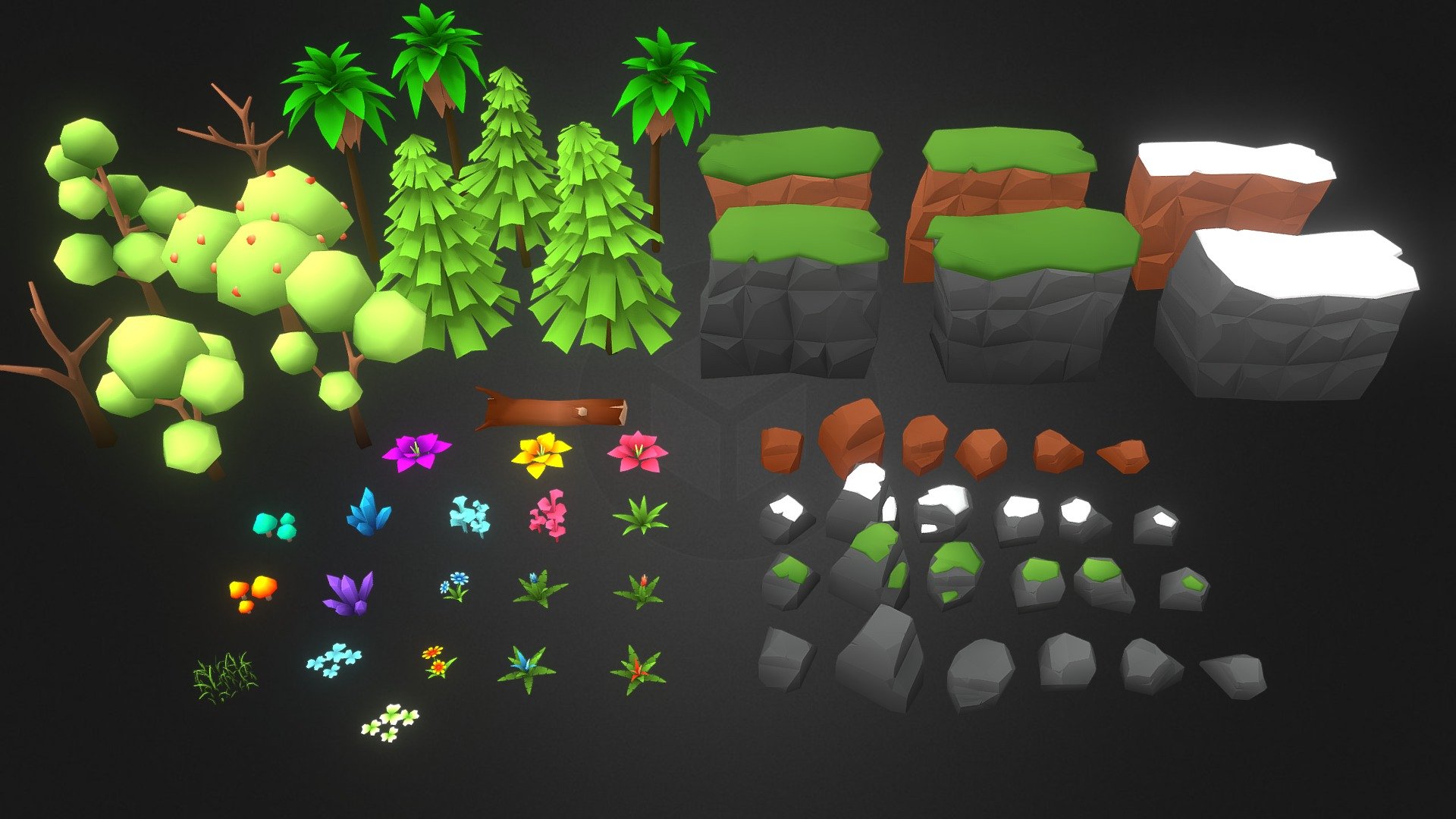Created this low poly sylized nature asset pack using BLENDER &amp; KRITA.
It uses one single gradient texture for all assets.
I modified the IMPHANZIA gradient image and added some new gradients.
Hope you guys like it.
(Assets may have Ngons) 3d model