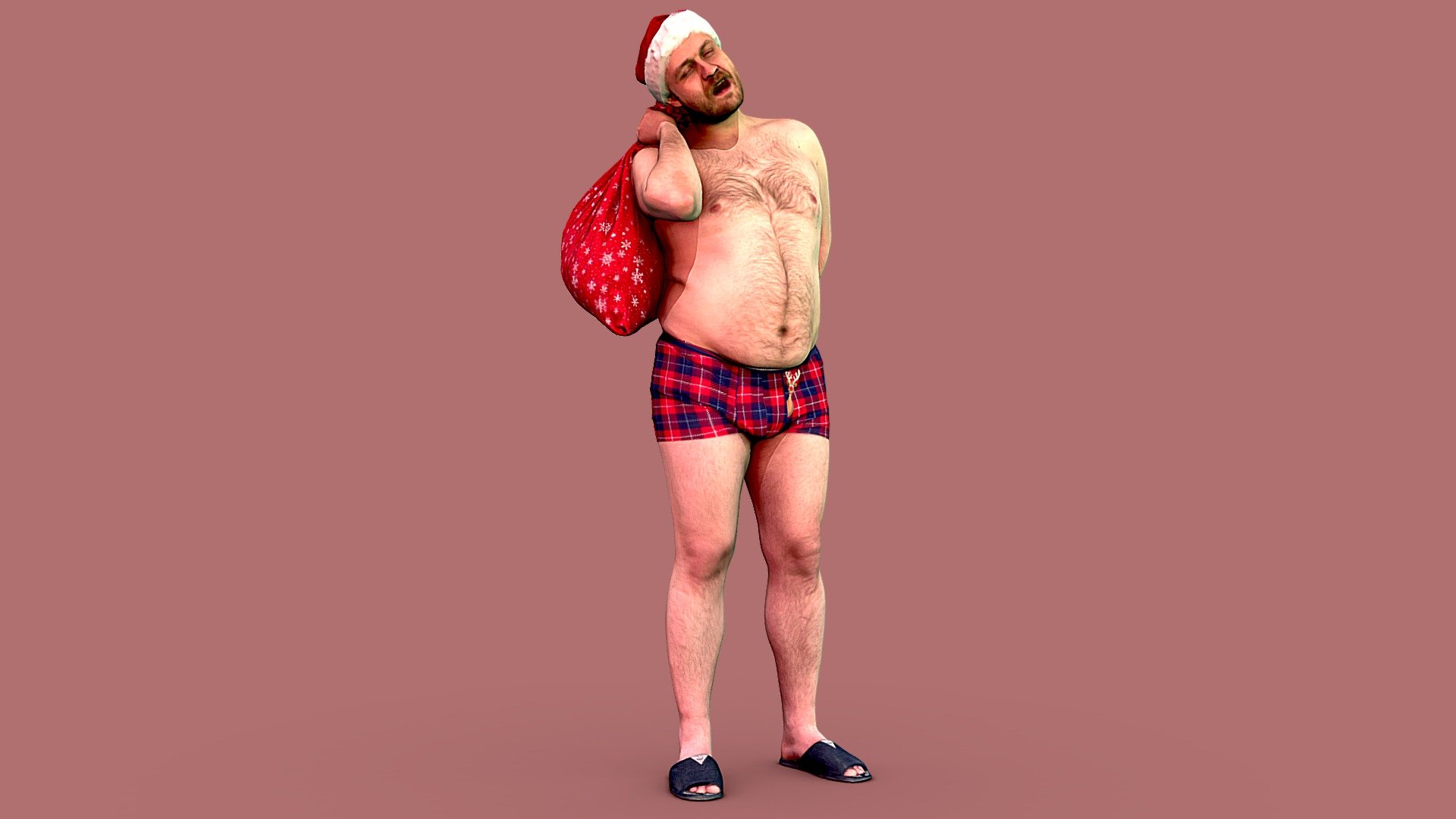 Follow us on instagram 🌲

✉️ A bald, fat guy with a beard in a New Year's cap, holding a large bag of gifts on his shoulders, he is wearing only red underpants with a deer, wearing slippers, standing with his eyes closed, yawning and scratching his bottom.

🦾 This model will be an excellent mid-range participant. It does not need to be very close and try to see the details, it reveals and demonstrates its texture as much as possible in case of a certain distance from the foreground.

⚙️ Photorealistic Casual Character 3d model ready for Virtual Reality (VR), Augmented Reality (AR), games and other real-time apps. Suitable for the architectural visualization and another graphical projects. 50 000 polygons per model 3d model