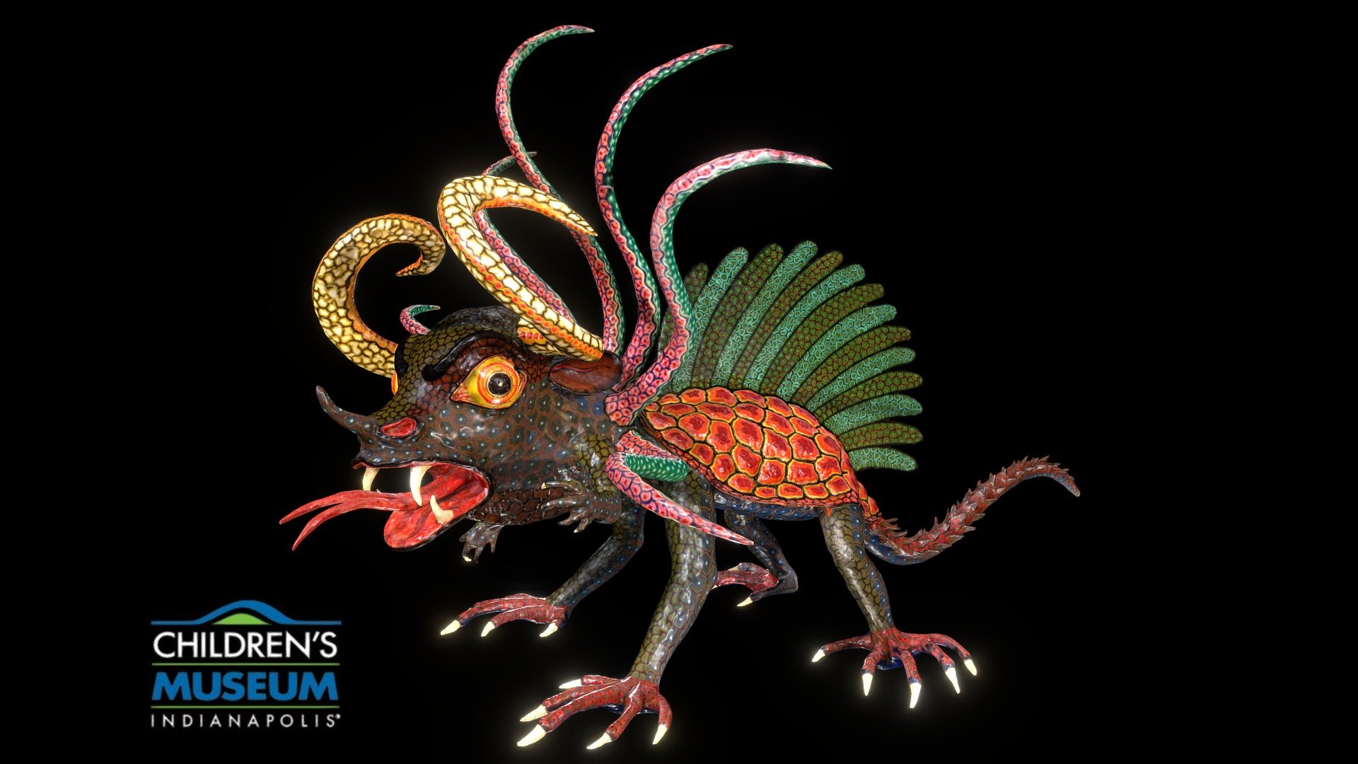 Dragon figure sculpted in paper mache. Painted in vivid color and design.

This artifact belongs to The Children's Museum of Indianapolis.

Everything was 3D scanned with a Creaform Go! SCAN Spark by Connections XR.

This project is in partnership with CICF, and the IUPUI University Library 3d model