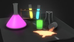 Cartoon science equipment stand, cell, metal, glasses, science, scientist, liquid, shaded, glowing, cellshading, spill, beakers, cartoon