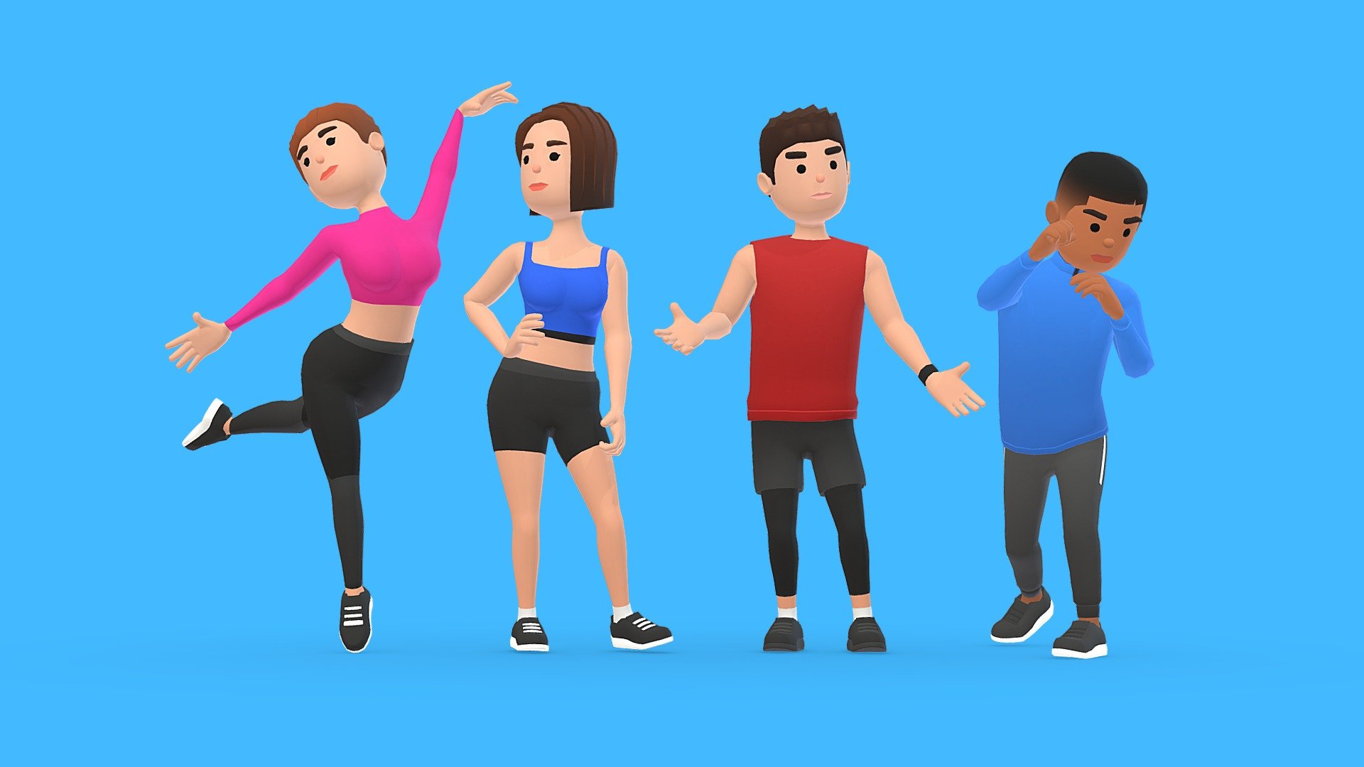 Lowpoly hyper casual characters ready for videogames.

DESCRIPTION




Rigged characters.

2 Rigged base mesh (male and female).

Textures included.   

TECHNICAL DETAILS




4 characters (.fbx).

4 color textures (.png).

512x512 textures dimensions.

Rigging: Yes.

Animation: No.

UV mapping: Yes.

**Check my content, you are sure to love it: **  thcyrax.com

**Check my ** Hyper Casual Collection - HYPER CASUAL CHARACTERS VOLUME 2 - GYM - Buy Royalty Free 3D model by thcyrax (@thcyrax3D) 3d model