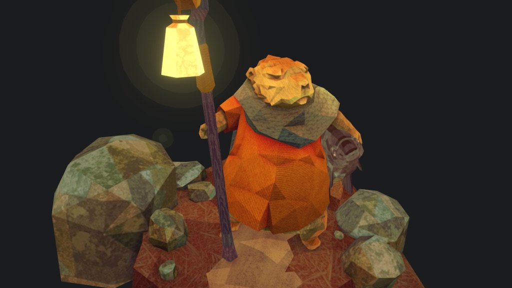 This is Harold, the otter. He was created during the 2015 Inktober by me in order to evolve a character day by day for a whole month. He's an otter, a monk and always slightly grumpy.

This is my 3D interpetation of him, carrying a recent catch to the comfort of his den. He's made of 2184 tris which I would like to reduce one day since I created him pretty early in my 3D education. But finally he at least got a little scene he deserves to live in.

I wanted to find a different kind of shape and texture language with this one. To see what 3D could do for me that 2D can't 3d model