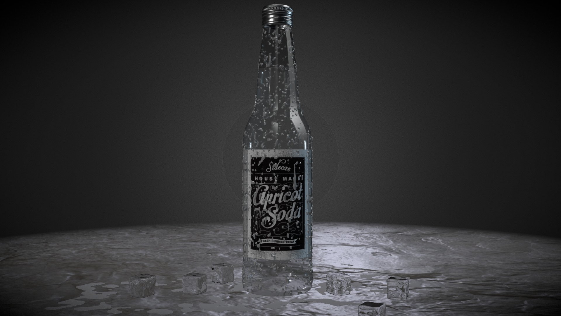 Scene of realistic 12 fl oz (355 ml) soda bottle with vintage label, drops of water, ice cubes and puddles. 

Label has UV texture coordinates and UV maps: diffuse and opacity (4096x4096 px). Originally modeled and rendered in Blender Cycles 2.78. 

BONUS Original scene included (.blend) and has a bottle, cap, label, water drops, ice cubes, puddles, lights, floor and background surfaces with shaders, textures and lights. Lights and shaders are set up, so the scene is completely ready to render with Cycles Blender. The geometry is subdivided to get the result that you can see on the renders 3d model