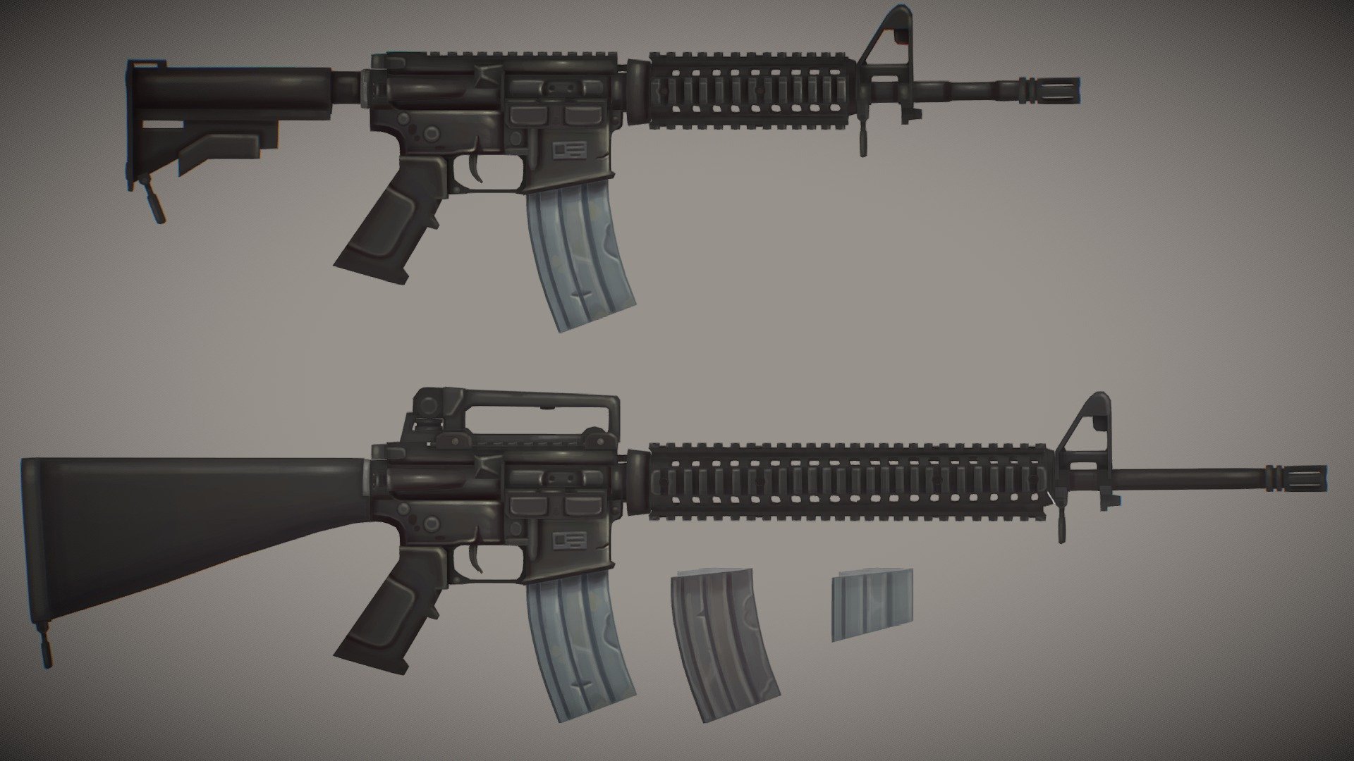 Low poly M4A1 Hand Painted Made for a pack of guns made with Blender and textures with 3D Coat and Photoshop 1024x1024 hand painted textures - Stylized Low Poly M4A1 and M16A4 - Buy Royalty Free 3D model by Gabriel (@GabrieI) 3d model
