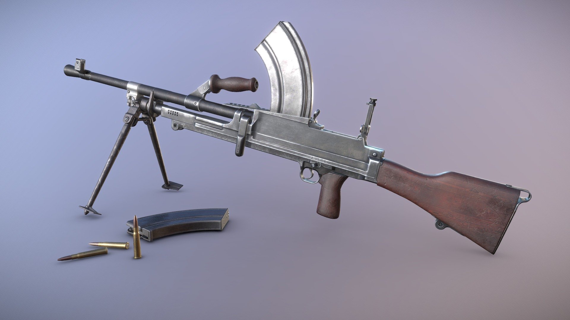 Bren light machine gun designed for PBR engines.

Originally modeled in 3ds Max 2019. Download includes .max, .fbx, .obj, metal/roughness PBR textures, textures for Unity and Unreal Engines, and additional texture maps such as curvature, AO, and color ID.

Ready for animation. Movable parts include the magazine, charging handle, bipod, fire selector, trigger and more.

Specs




Scaled to approximate real world size (centimeters)

Mesh is in tris and quads, no n-gons.

Quaded version of the mesh also included.

Textures

2 Materials: 4096x4096 Base Color, Roughness, Metallic, Normal, AO
512x512 PBR set for the cartridge

Unity Engine 5 Textures: AlbedoTransparency, MetallicSmoothness, Normal, Occlusion

Unreal Engine 4 Textures: BaseColor, Normal, RoughnessMetallicAO - Bren Mk II - For Sale - 3D model by Luchador (@Luchador90) 3d model