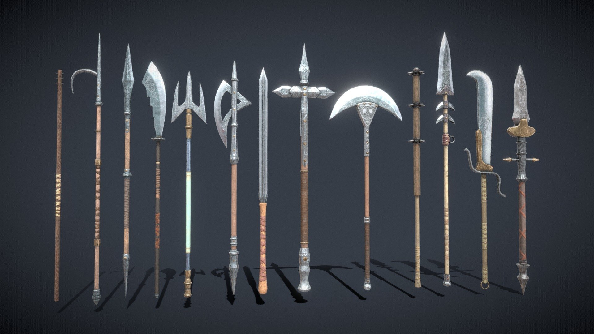 High quality polearms.

Each facility has PBR material.

Textures with a resolution of 2048x2048.

The total number of triangles is 17046; vertices - 8660

SM_Axe_spear - 1446 Tris

SM_BO - 548 Tris

SM_Boathook - 1046 Tris

SM_Chush_bo - 1784 Tris

SM_Cross-tipped_spear - 1480 Tris

SM_Death_bo - 1408 Tris

SM_Demon_spear - 1720 Tris

SM_Harpoon - 1616 Tris

SM_Heavy_naginata - 1366 Tris

SM_Naginata - 972 Tris

SM_Sharp_axe - 1152 Tris

SM_Spear - 1018 Tris

SM_Trident - 1492 Tris

Archives with textures contain:

PNG textures - base color, metallic, normal, roughness

Texturing Unity (Metallic Smoothness) - AlbedoTransparency, MetallicSmoothness, Normal

Texturing Unreal Engine - BaseColor, Normal, OcclusionRoughnessMetallic - Amazon set - 3D model by zilbeerman 3d model