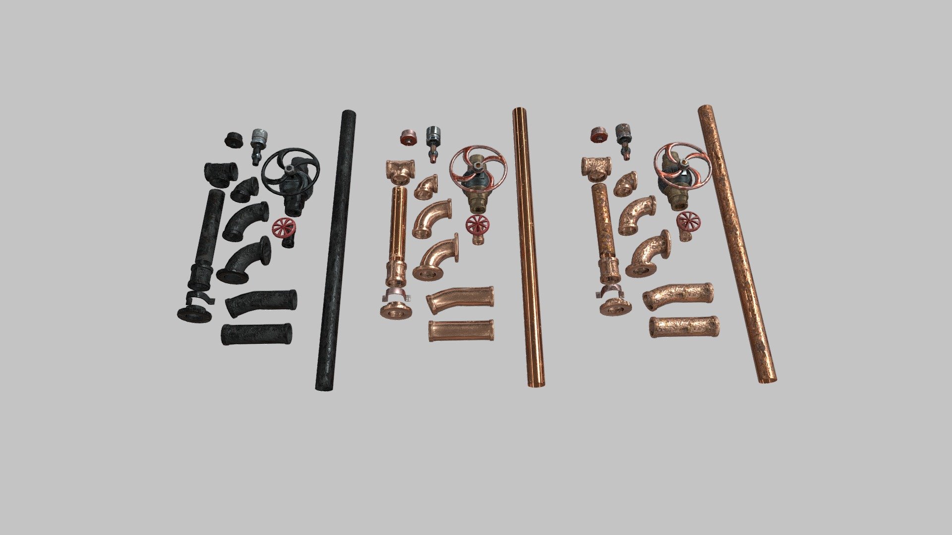 Three variants of steampunk pipes and valves I made for my steampunk scene:
https://www.artstation.com/artwork/N59Z5N

The free download includes a FBX file and 1K / 2K texture sets 3d model