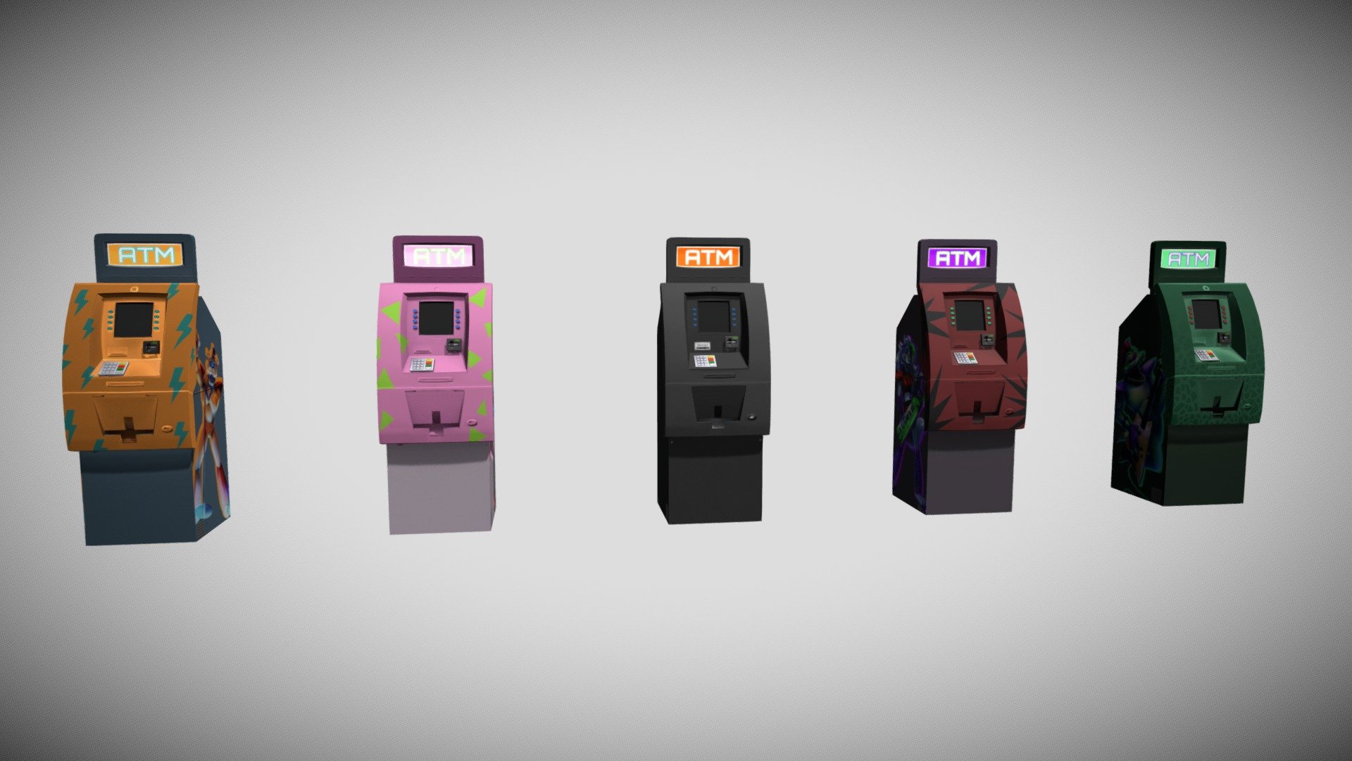 All 5 themed ATMs featuring the glamrock animatronics design from Five Nights At Freddy's Security Breach - Security Breach ATM - Download Free 3D model by Delektrir 3d model