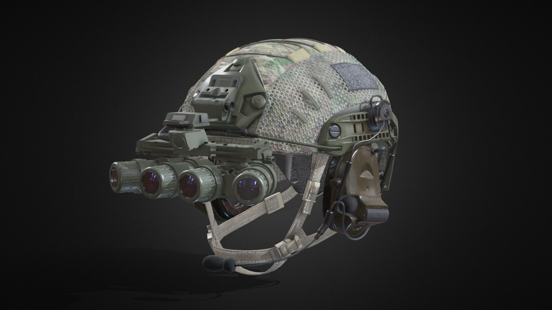 Non-ballistic helmet, Peltor hearing protection, distinct panoramic nightvision GPNVG-18 goggles and o lot of work. Enjoy!
Personal project to improve my workflow. 
Modeling done in Blender 2.83. For textures I used Substance Painter and Photoshop for slight touches on both textures and renders.

For more renders and version with balaclava and face you can check my ArtStation: https://www.artstation.com/artwork/5Xr4n1
I'd love to hear what you think :) - GPNVG-18 & Helmet - 3D model by Lemon24 3d model