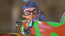 Jack racer, cute, kid, boy, fun, low-poly, cartoon, plane, animation